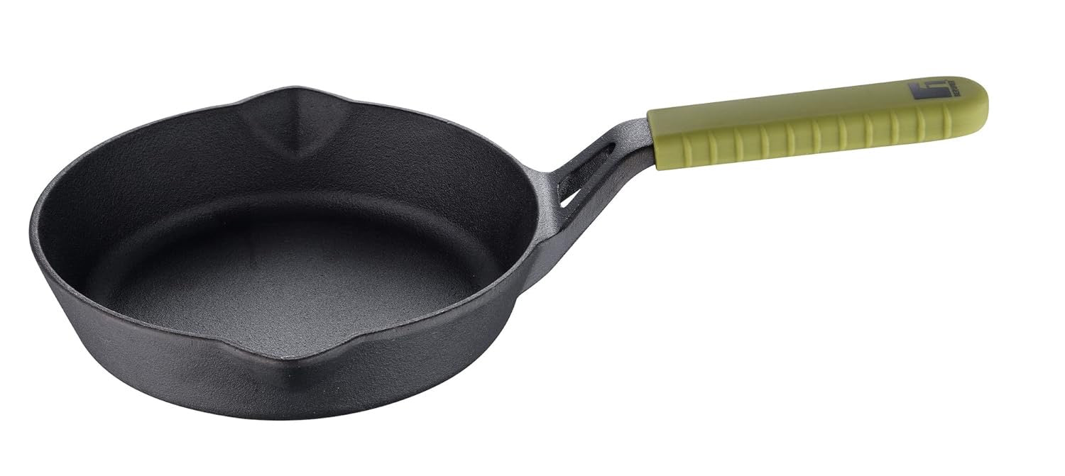 Bergner Elements Pre-Seasoned Cast Iron 20cm Frypan, Comes with Silicon Handle Sleeves, Induction Bottom (Olive Green)