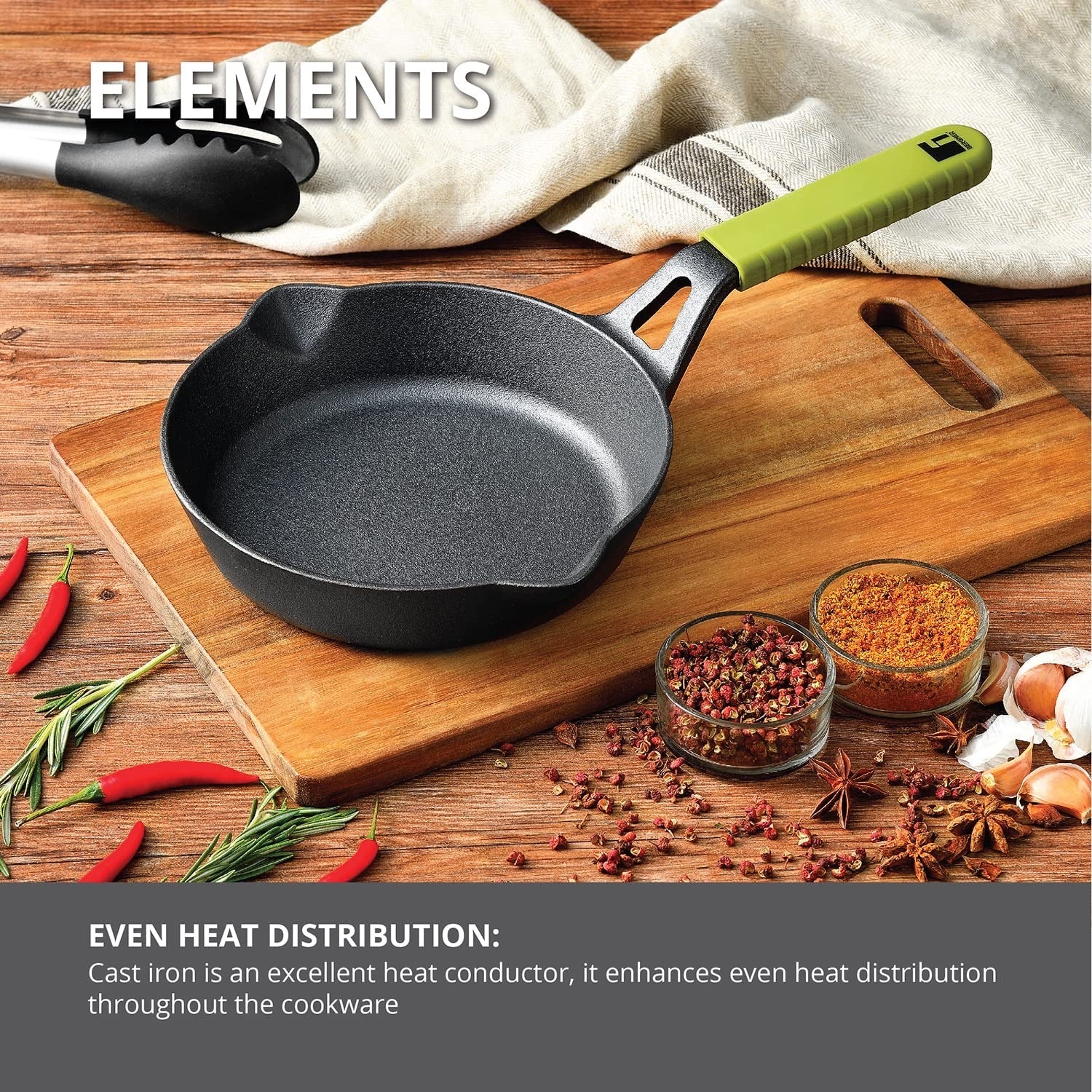 Bergner Elements Pre-Seasoned Cast Iron 20cm Frypan, Comes with Silicon Handle Sleeves, Induction Bottom (Olive Green)