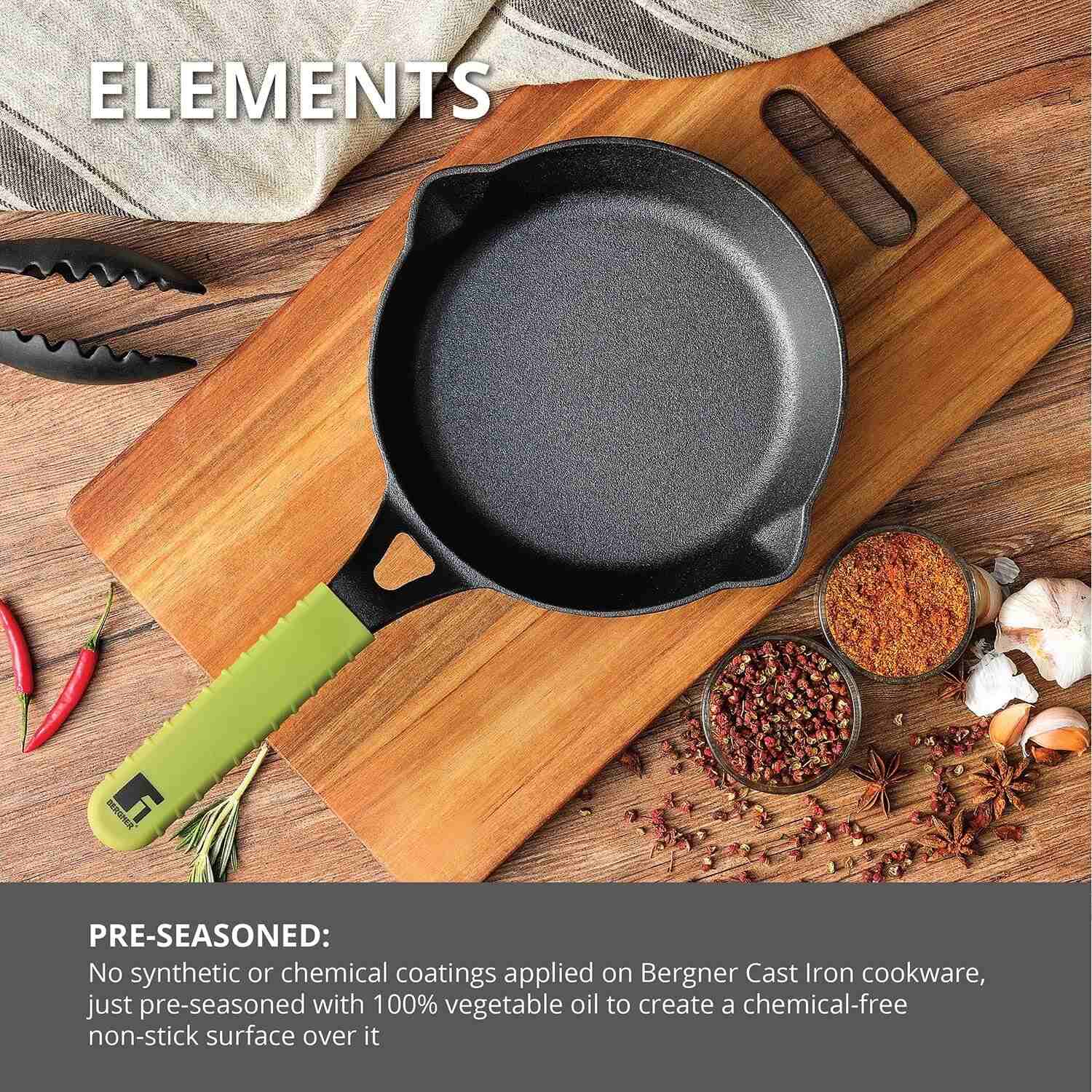 Bergner Elements Pre-Seasoned Cast Iron 20cm Frypan, Comes with Silicon Handle Sleeves, Induction Bottom (Olive Green)