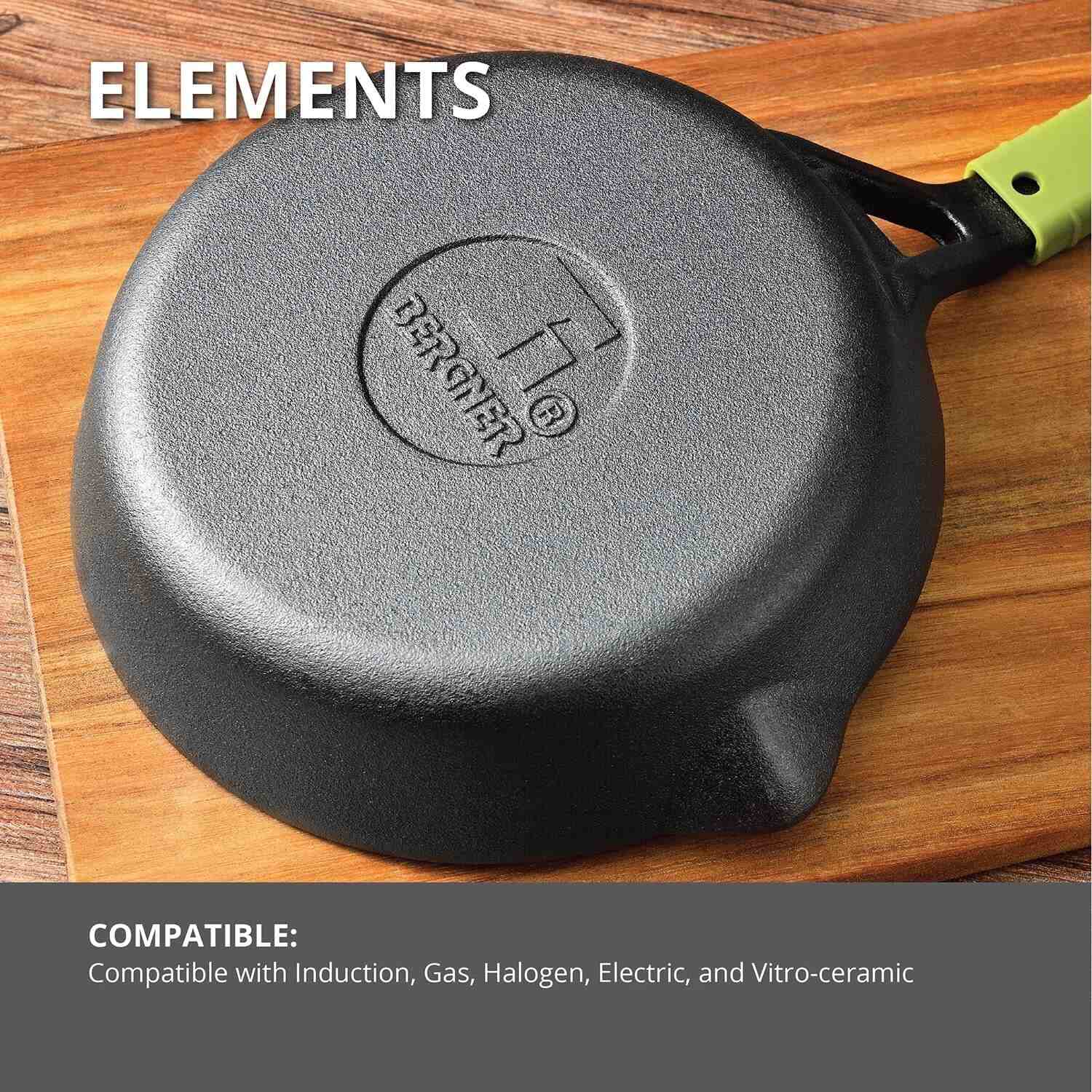 Bergner Elements Pre-Seasoned Cast Iron 20cm Frypan, Comes with Silicon Handle Sleeves, Induction Bottom (Olive Green)