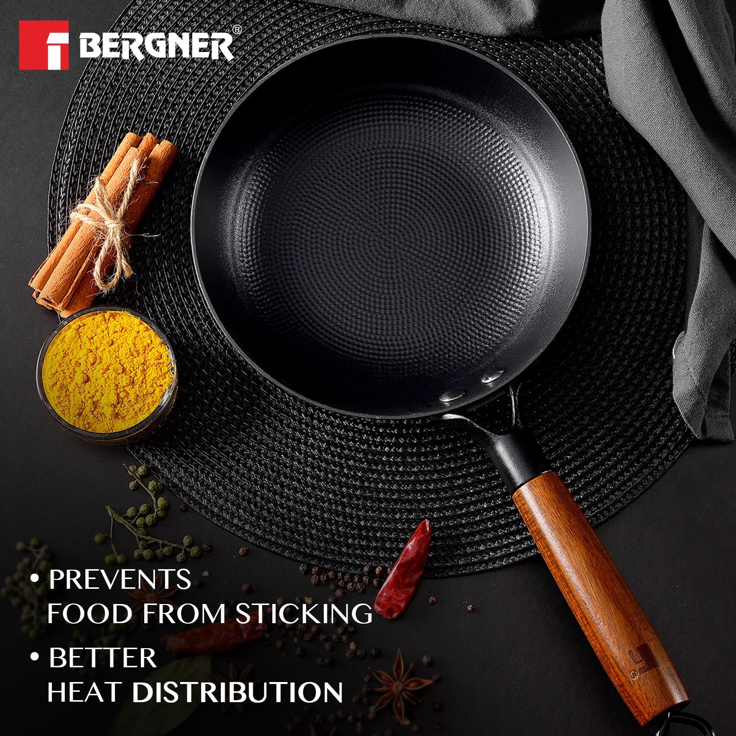 Bergner Odin Cast Iron Frypan with Wooden Coated Handle, Lightweight Iron - Induction Bottom