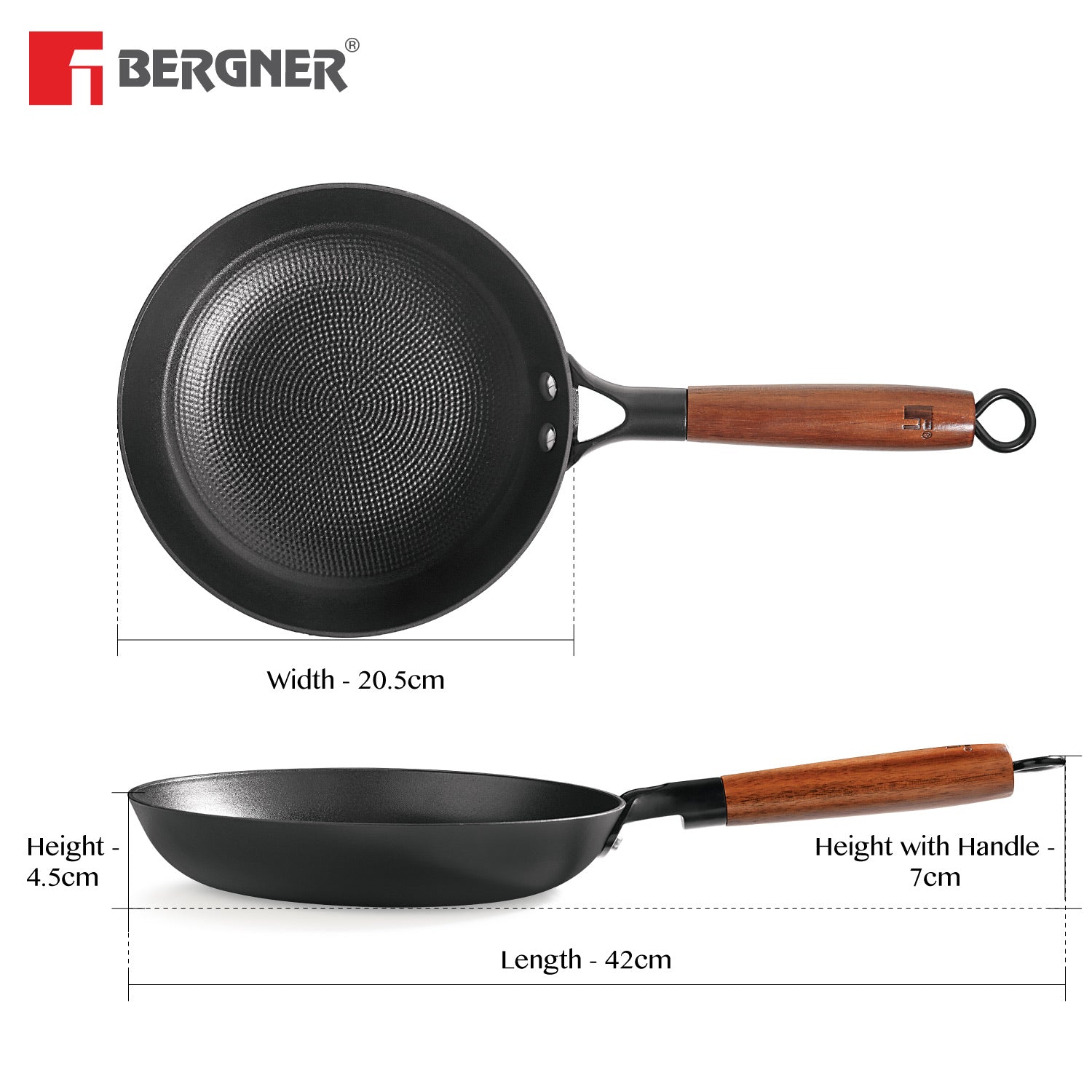 Bergner Odin Cast Iron Frypan with Wooden Coated Handle, Lightweight Iron - Induction Bottom