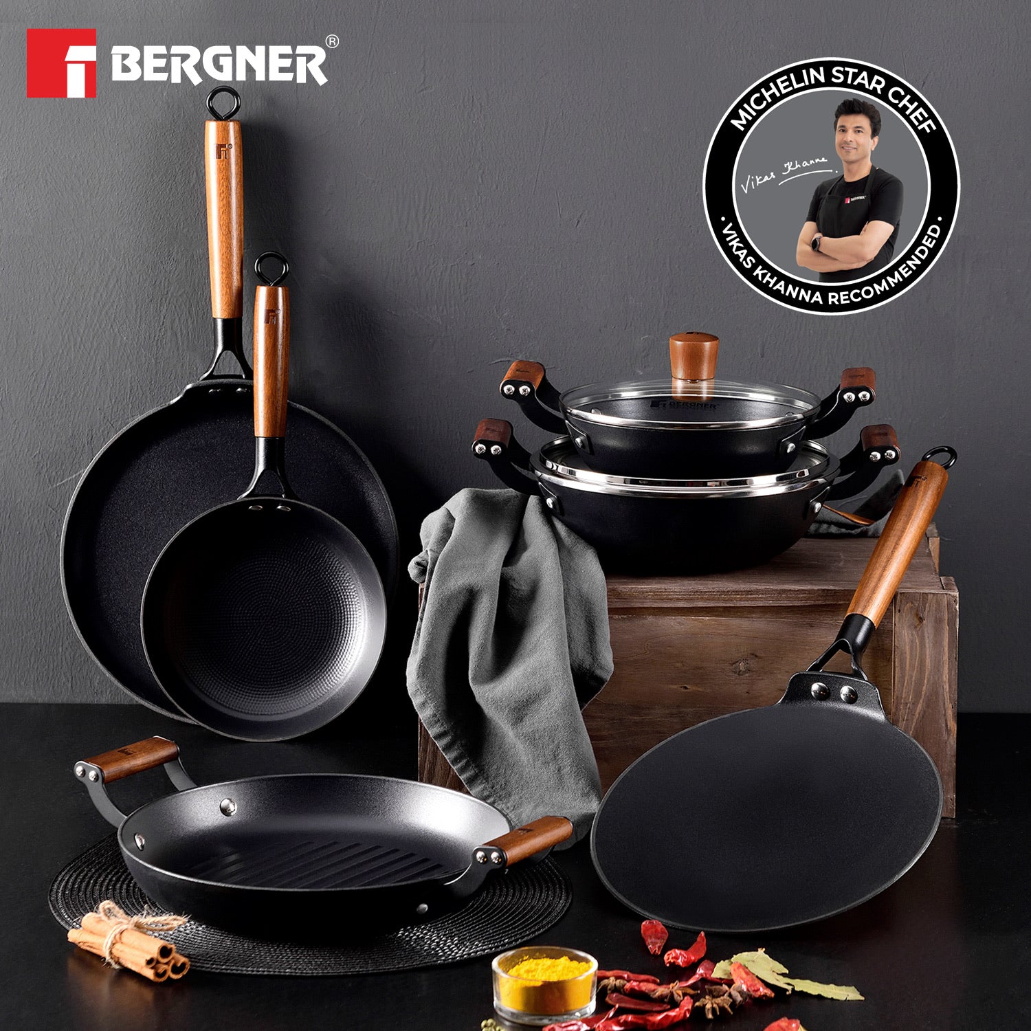 Bergner Odin Lightweight Iron Frypan with Wooden Coated Handle - Induction Bottom