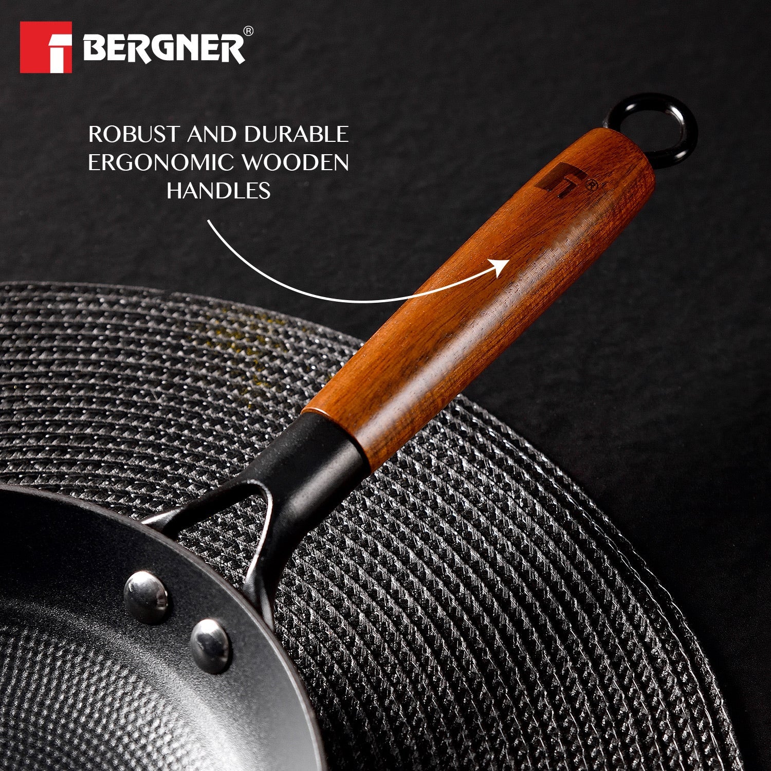 Bergner Odin Cast Iron Frypan with Wooden Coated Handle, Lightweight Iron - Induction Bottom