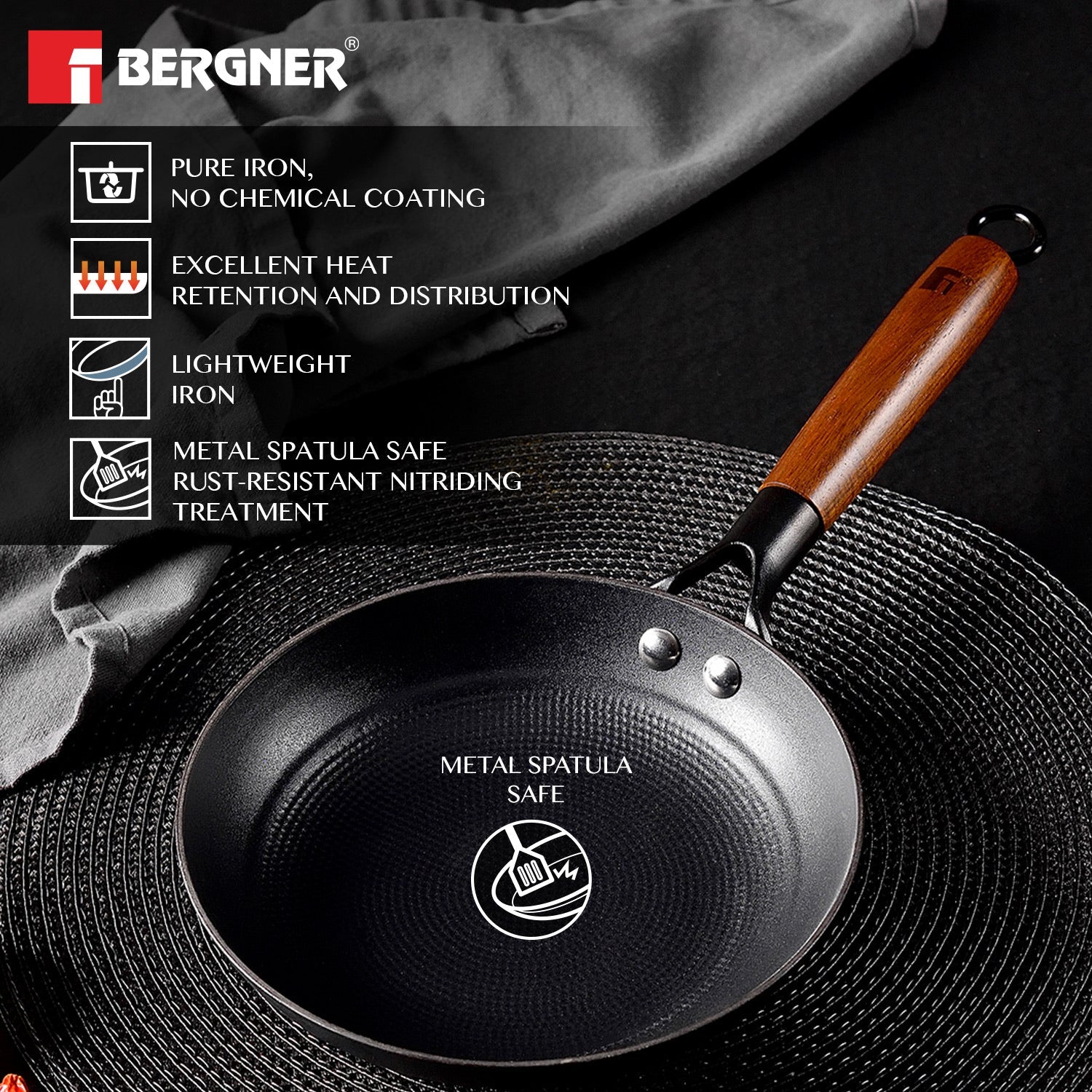 Bergner Odin Cast Iron Frypan with Wooden Coated Handle, Lightweight Iron - Induction Bottom