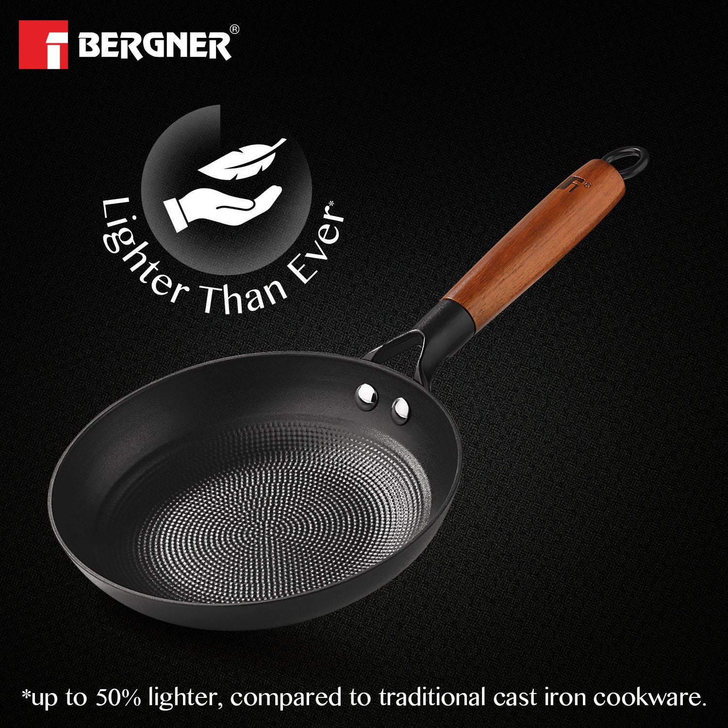 Bergner Odin Cast Iron Frypan with Wooden Coated Handle, Lightweight Iron - Induction Bottom