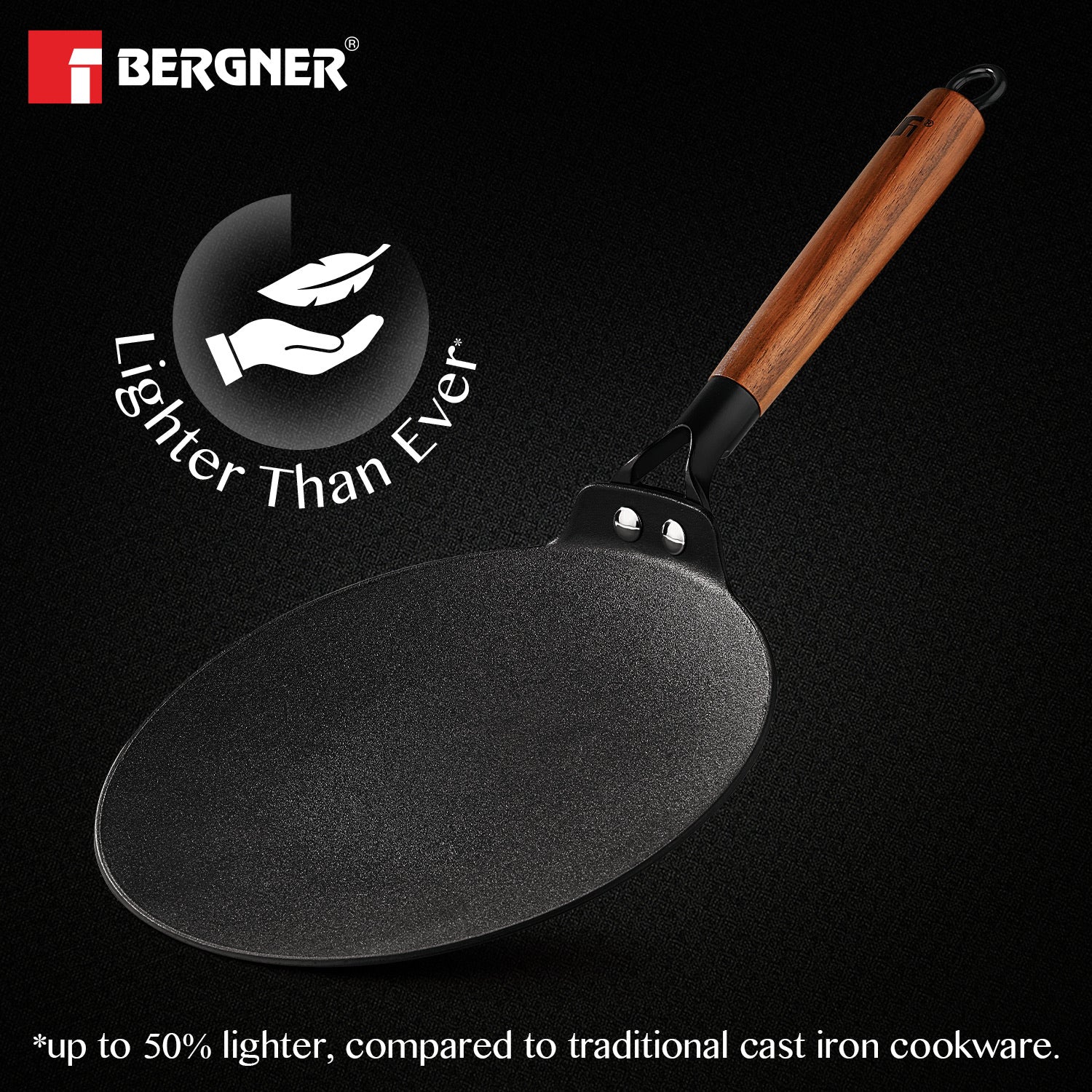 Bergner Odin 26 cm Cast Iron Roti Tawa with Wooden Coated Handle, Lightweight Iron - Induction Bottom