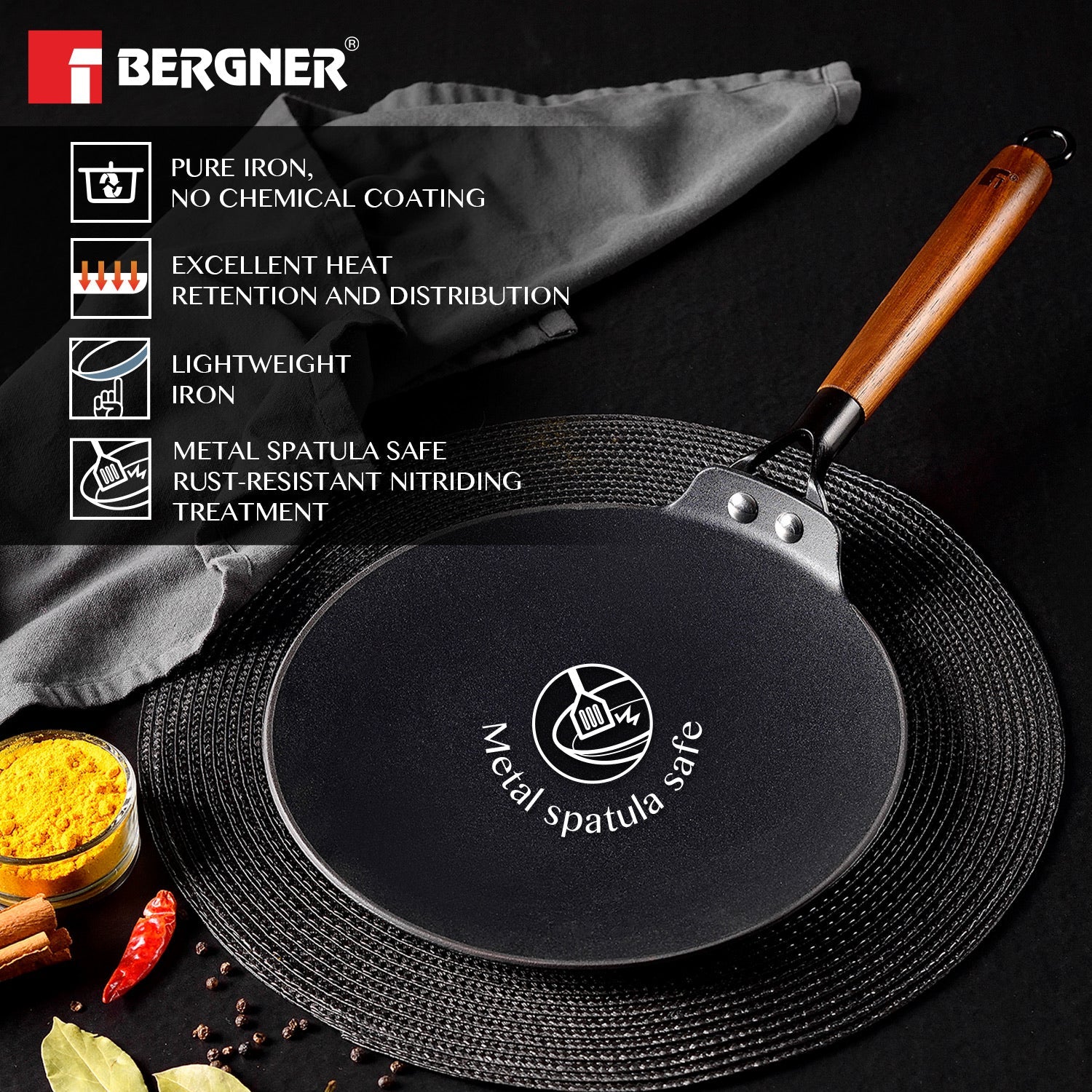 Bergner Odin 26 cm Cast Iron Roti Tawa with Wooden Coated Handle, Lightweight Iron - Induction Bottom