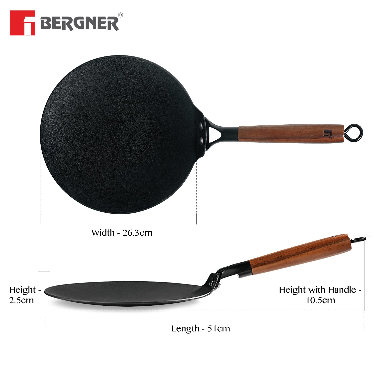 Bergner Odin 26 cm Cast Iron Roti Tawa with Wooden Coated Handle, Lightweight Iron - Induction Bottom