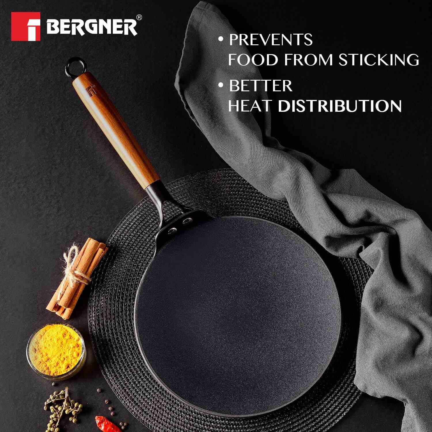 Bergner Odin 26 cm Cast Iron Roti Tawa with Wooden Coated Handle, Lightweight Iron - Induction Bottom