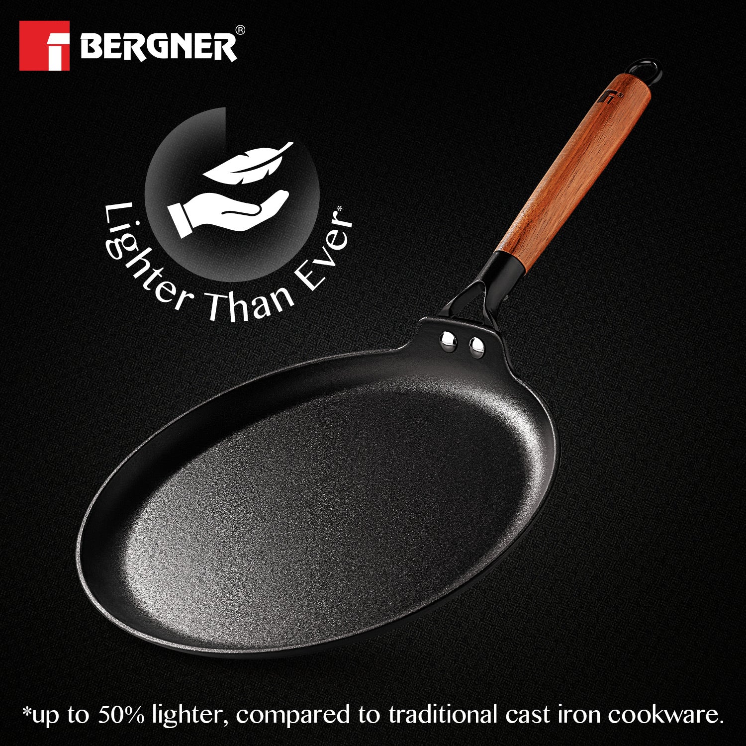 Bergner Odin Cast Iron Dosa Tawa with Wooden Coated Handle, Lightweight Iron - Induction Bottom