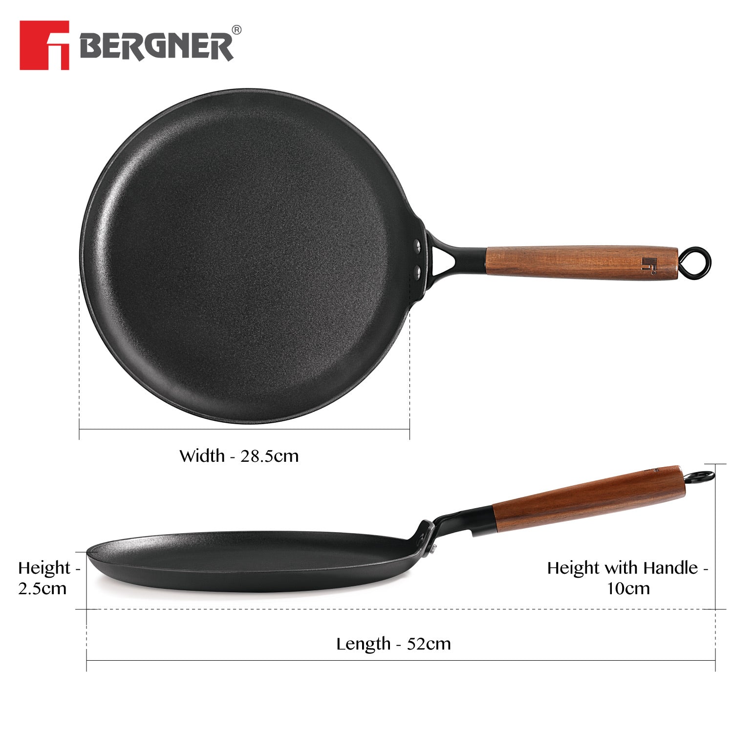 Bergner Odin Cast Iron Dosa Tawa with Wooden Coated Handle, Lightweight Iron - Induction Bottom