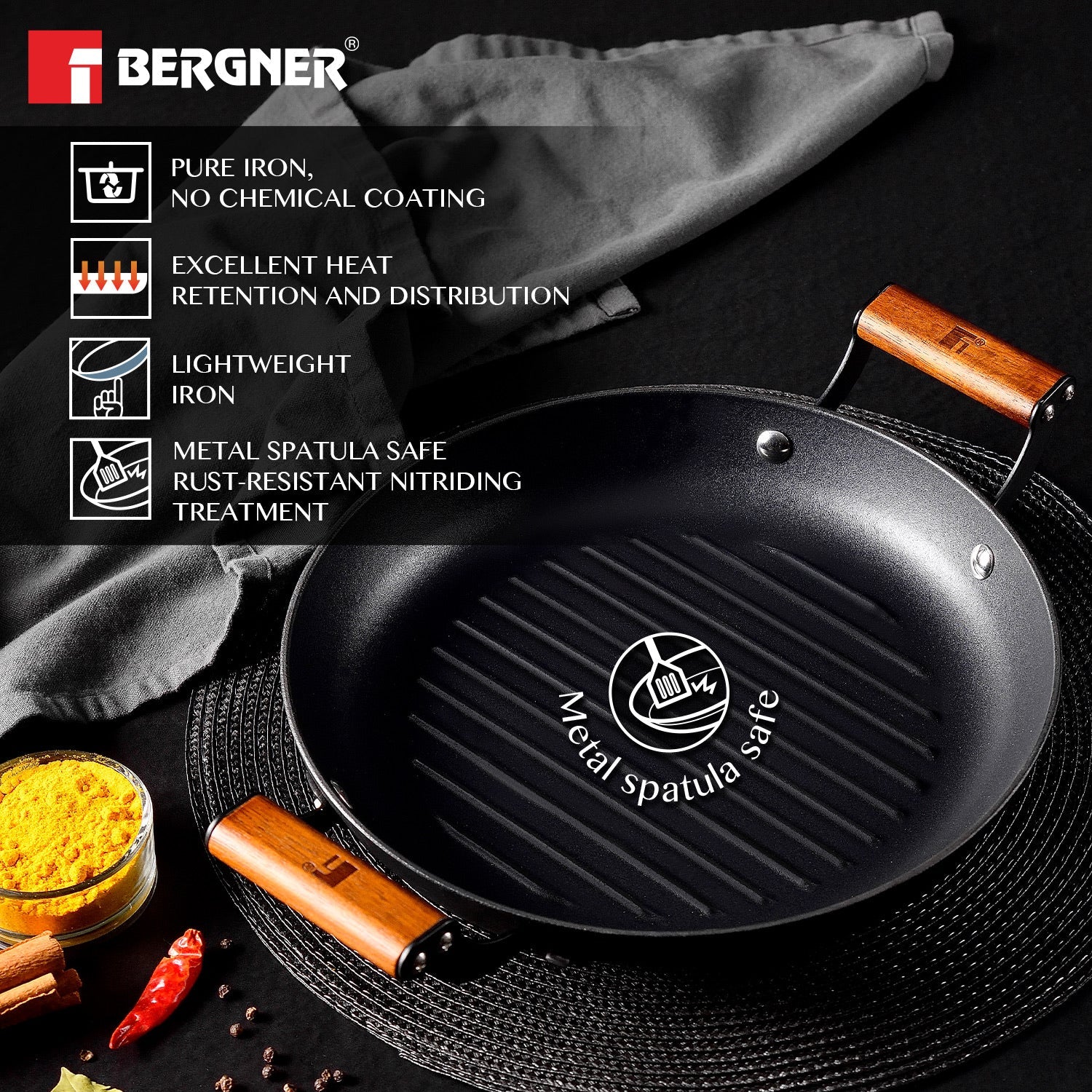 Bergner Odin 28 cm Cast Iron Grill Plate with Wooden Coated Handle, Lightweight Iron - Induction Bottom