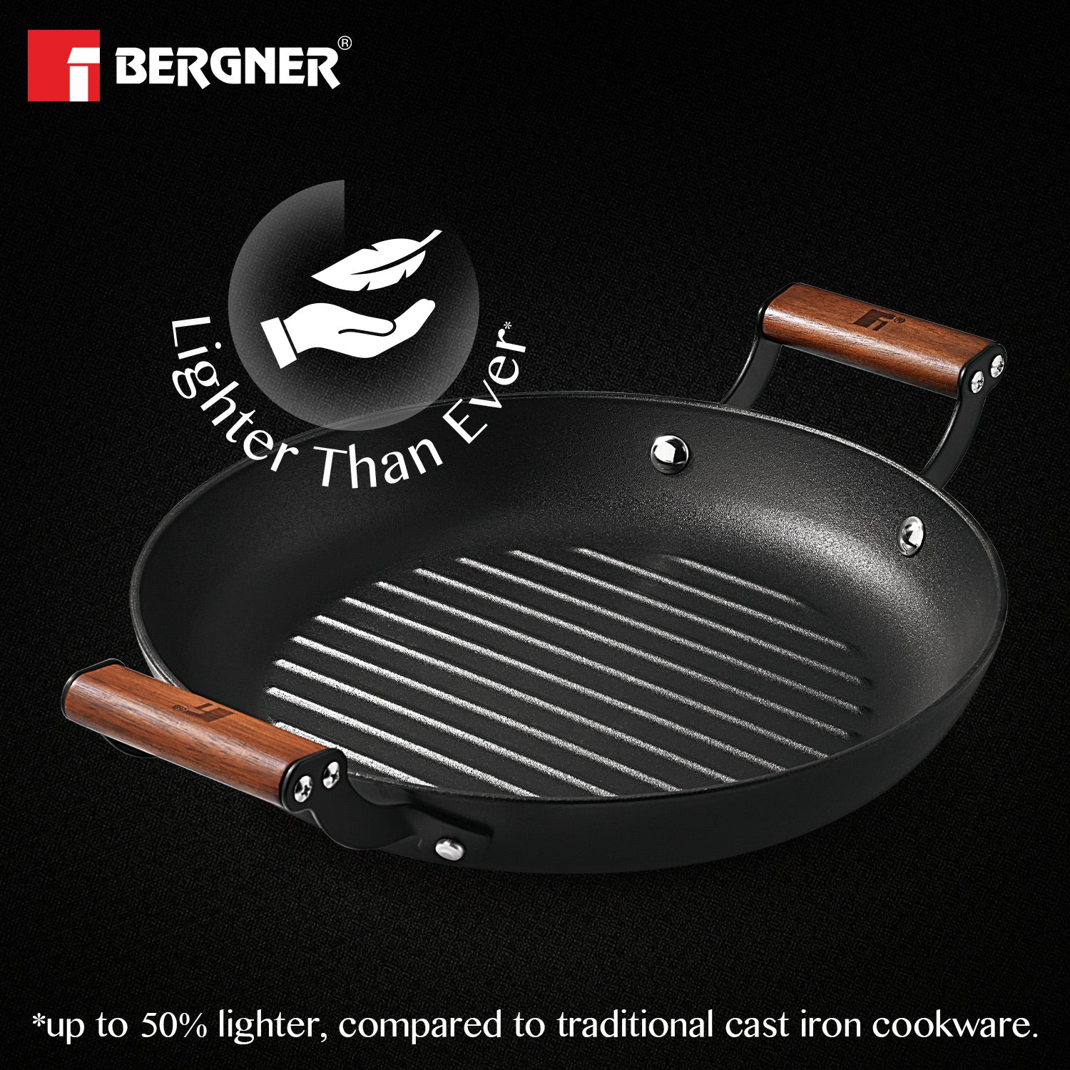 Bergner Odin 28 cm Cast Iron Grill Plate with Wooden Coated Handle, Lightweight Iron - Induction Bottom