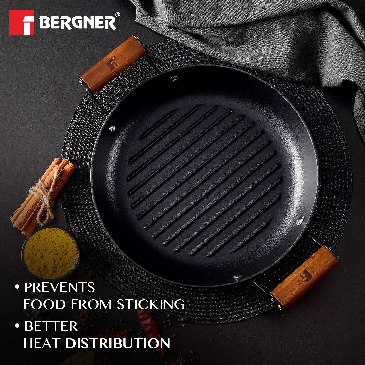 Bergner Odin 28 cm Cast Iron Grill Plate with Wooden Coated Handle, Lightweight Iron - Induction Bottom