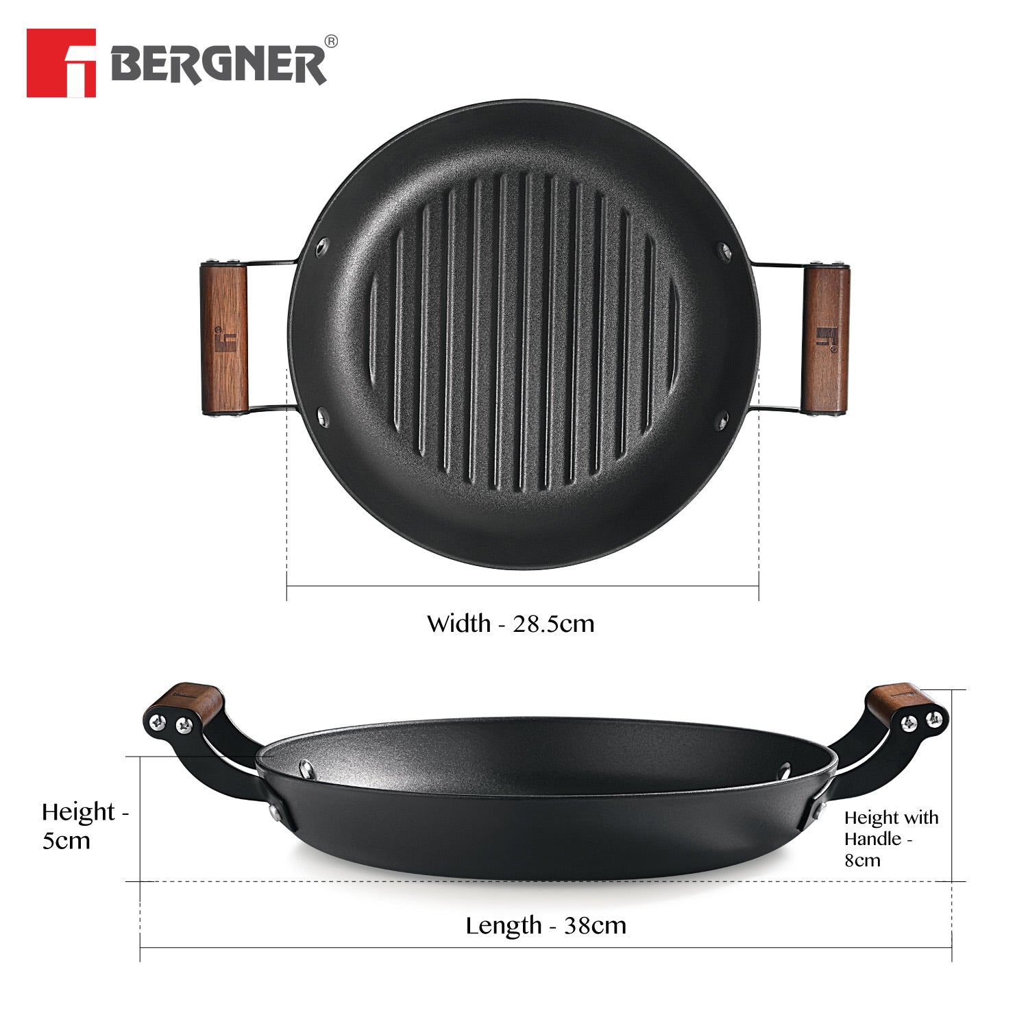 Bergner Odin 28 cm Cast Iron Grill Plate with Wooden Coated Handle, Lightweight Iron - Induction Bottom