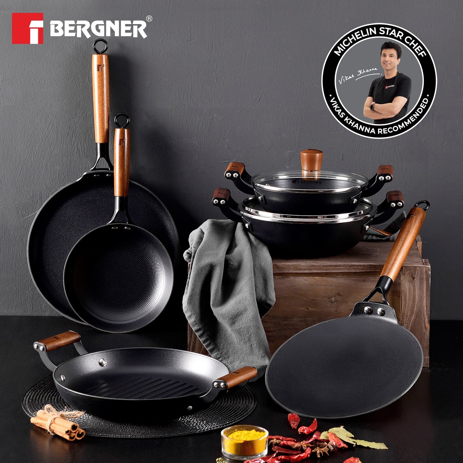 Bergner Odin Cast Iron Kadai with Glass Lid, Lightweight Iron, Enamel Finish - Induction Bottom