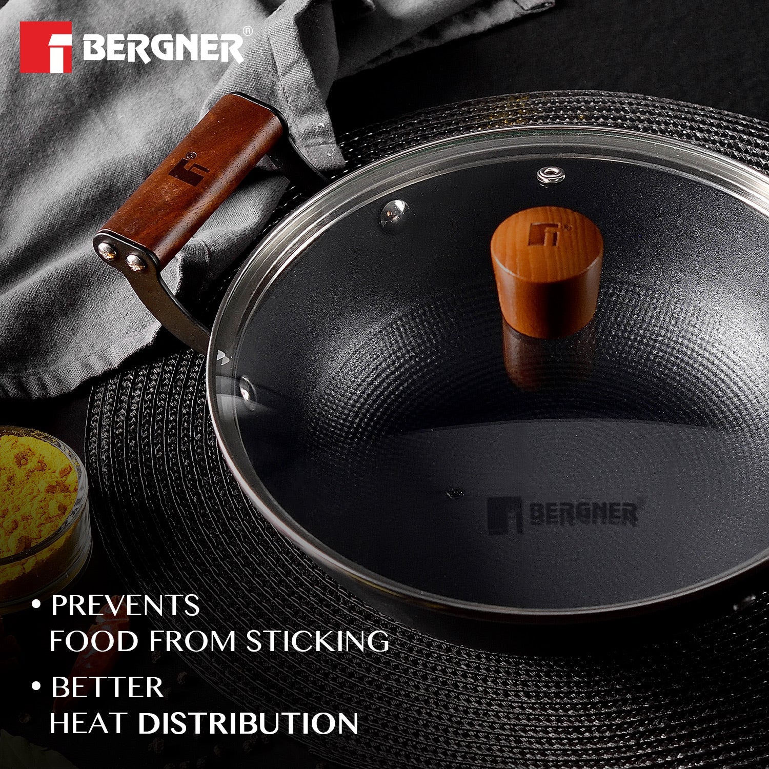 Bergner Odin Cast Iron Kadai with Glass Lid, Lightweight Iron, Enamel Finish - Induction Bottom