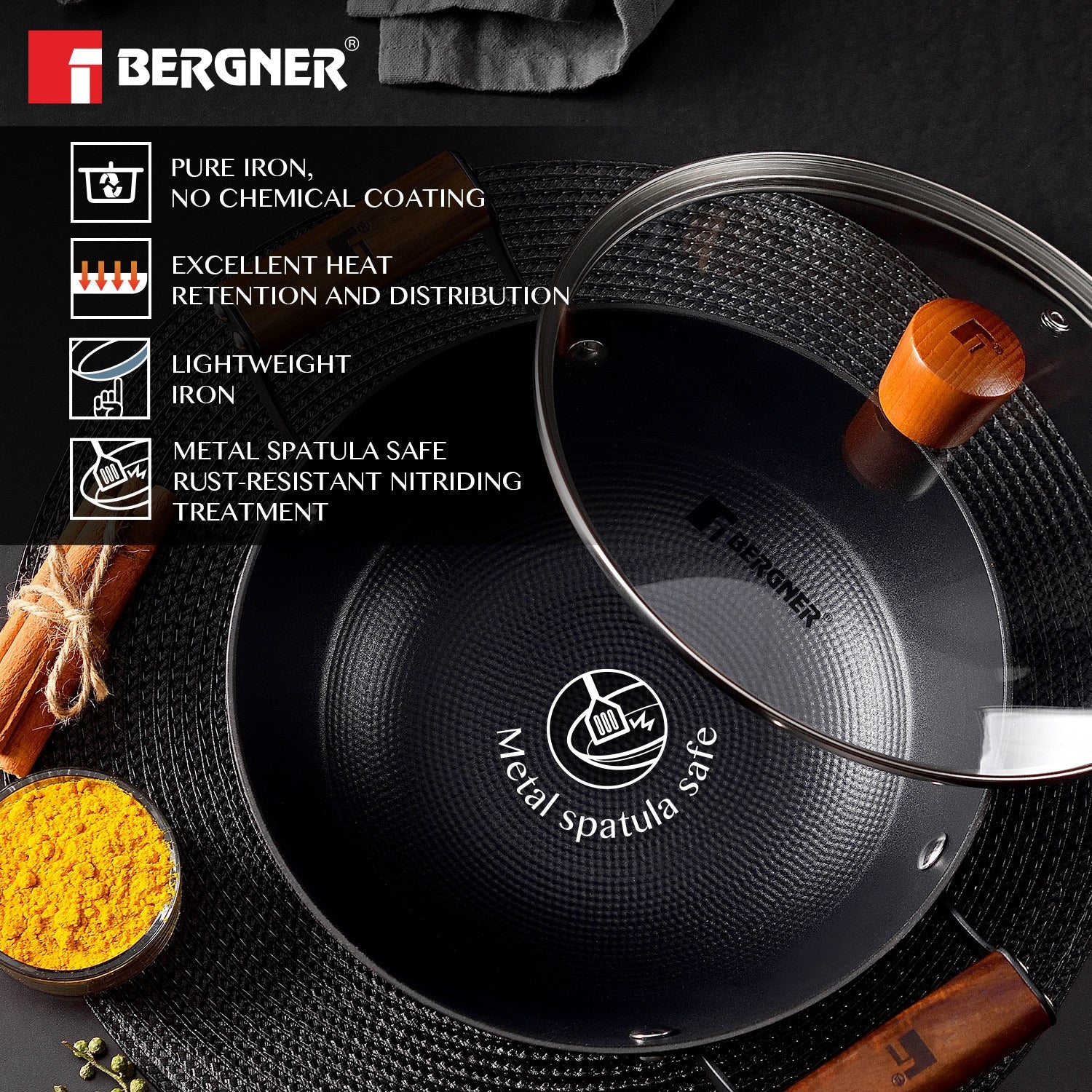 Bergner Odin Cast Iron Kadai with Glass Lid, Lightweight Iron, Enamel Finish - Induction Bottom