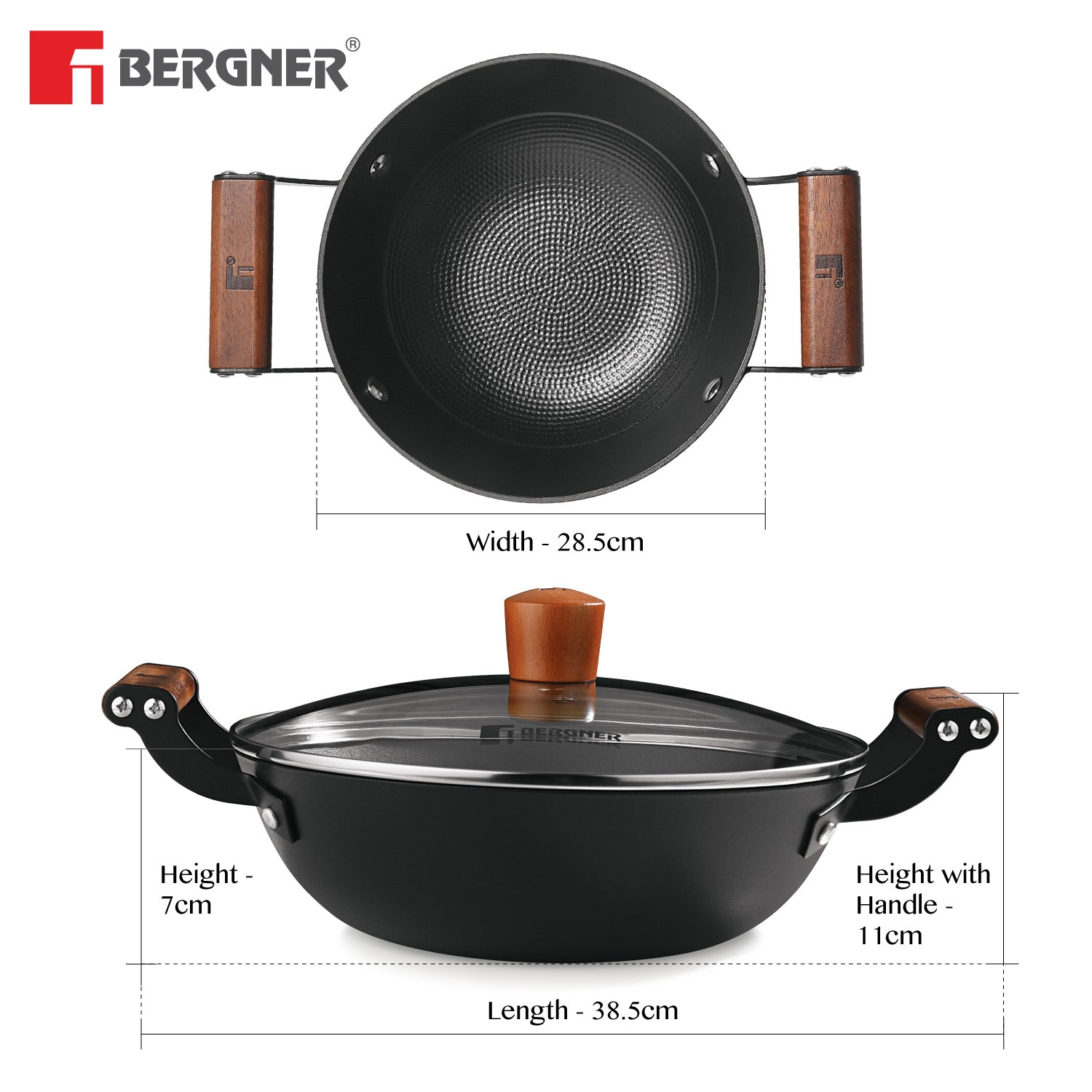 Bergner Odin Cast Iron Kadai with Glass Lid, Lightweight Iron, Enamel Finish - Induction Bottom