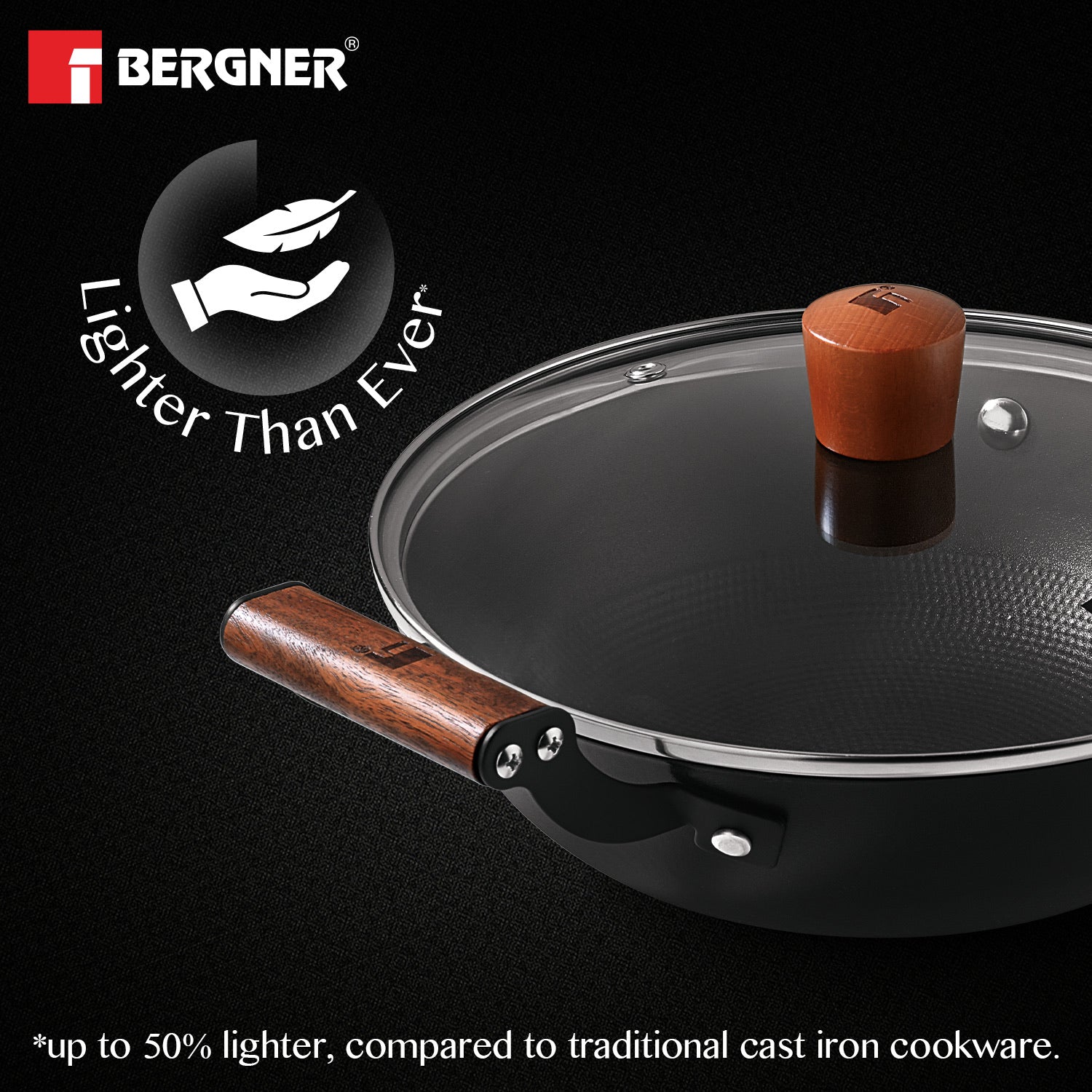 Bergner Odin Cast Iron Kadai with Glass Lid, Lightweight Iron, Enamel Finish - Induction Bottom