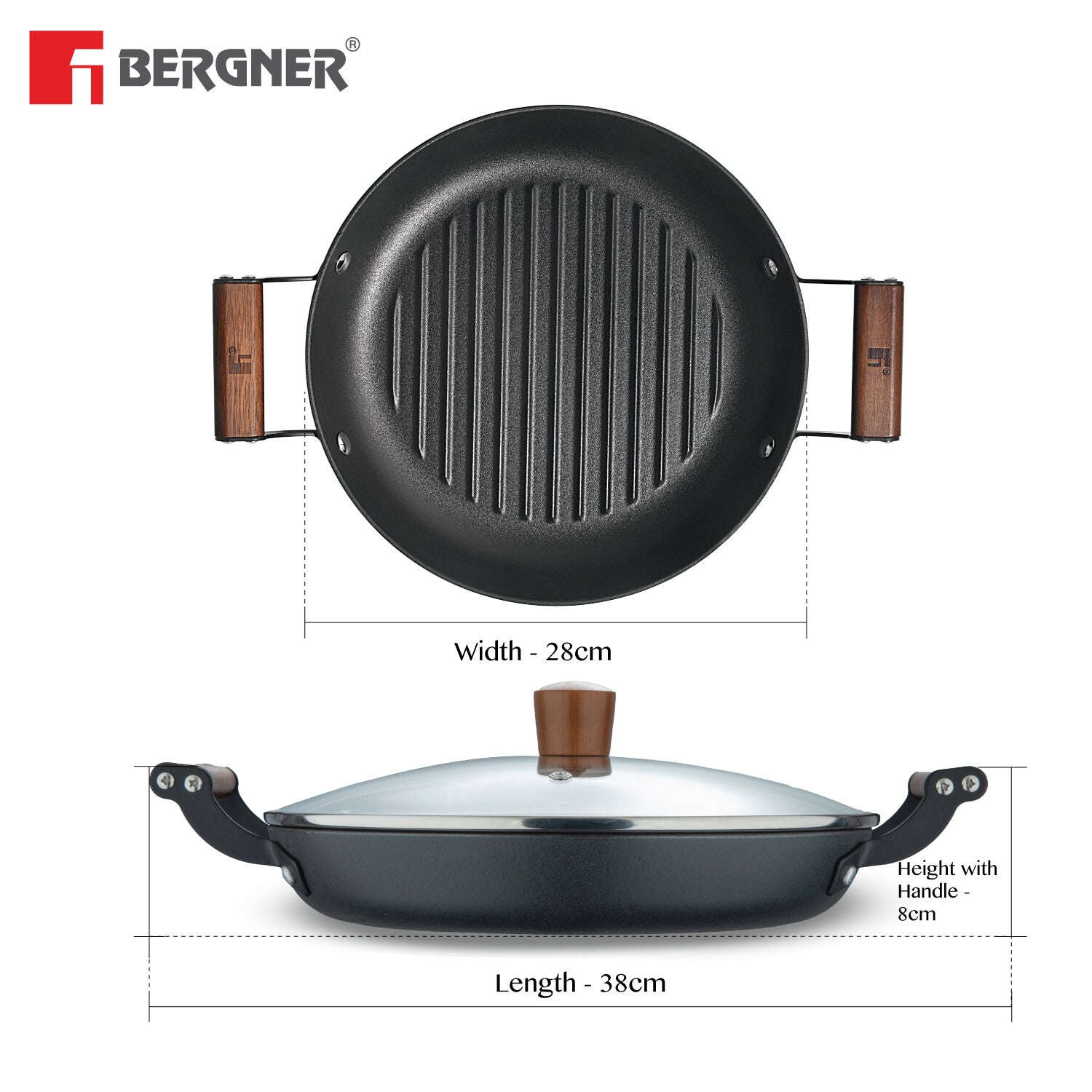 Bergner Odin Cast Iron 28cm Grill Pan with Glass Lid, Lightweight, Enamel Finish - Induction Bottom