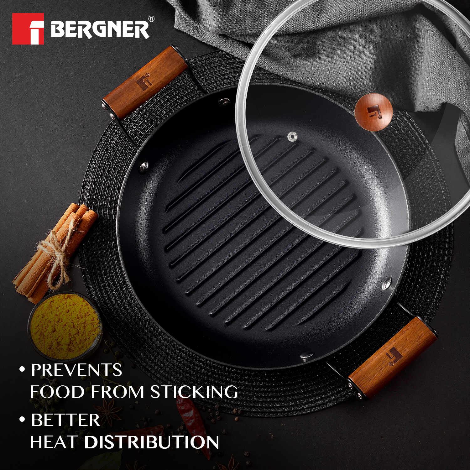 Bergner Odin Cast Iron 28cm Grill Pan with Glass Lid, Lightweight, Enamel Finish - Induction Bottom