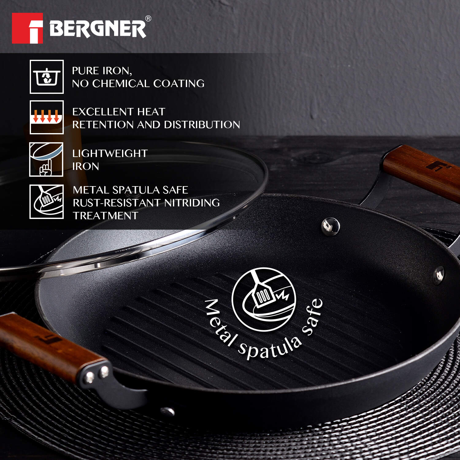 Bergner Odin Cast Iron 28cm Grill Pan with Glass Lid, Lightweight, Enamel Finish - Induction Bottom