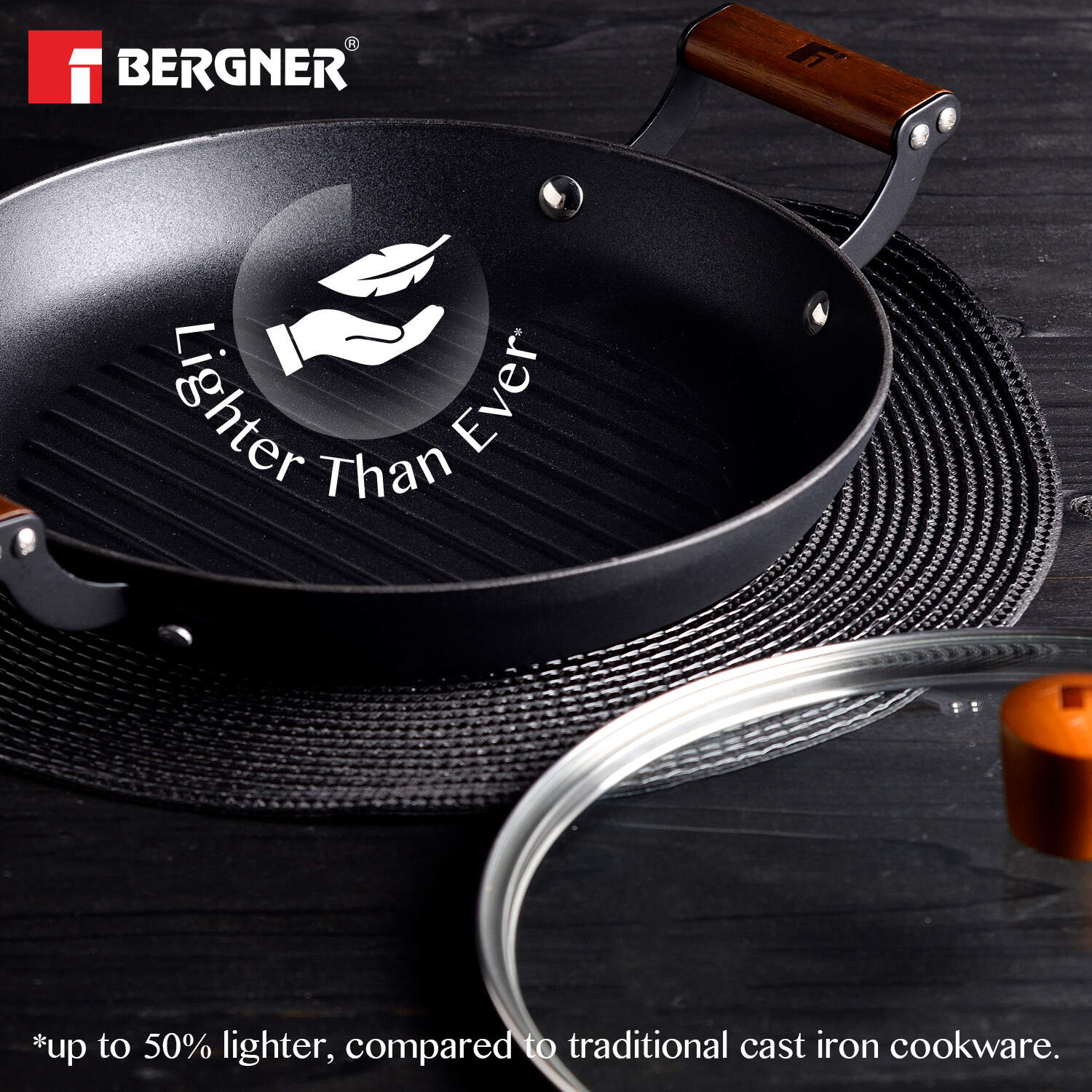 Bergner Odin Cast Iron 28cm Grill Pan with Glass Lid, Lightweight, Enamel Finish - Induction Bottom