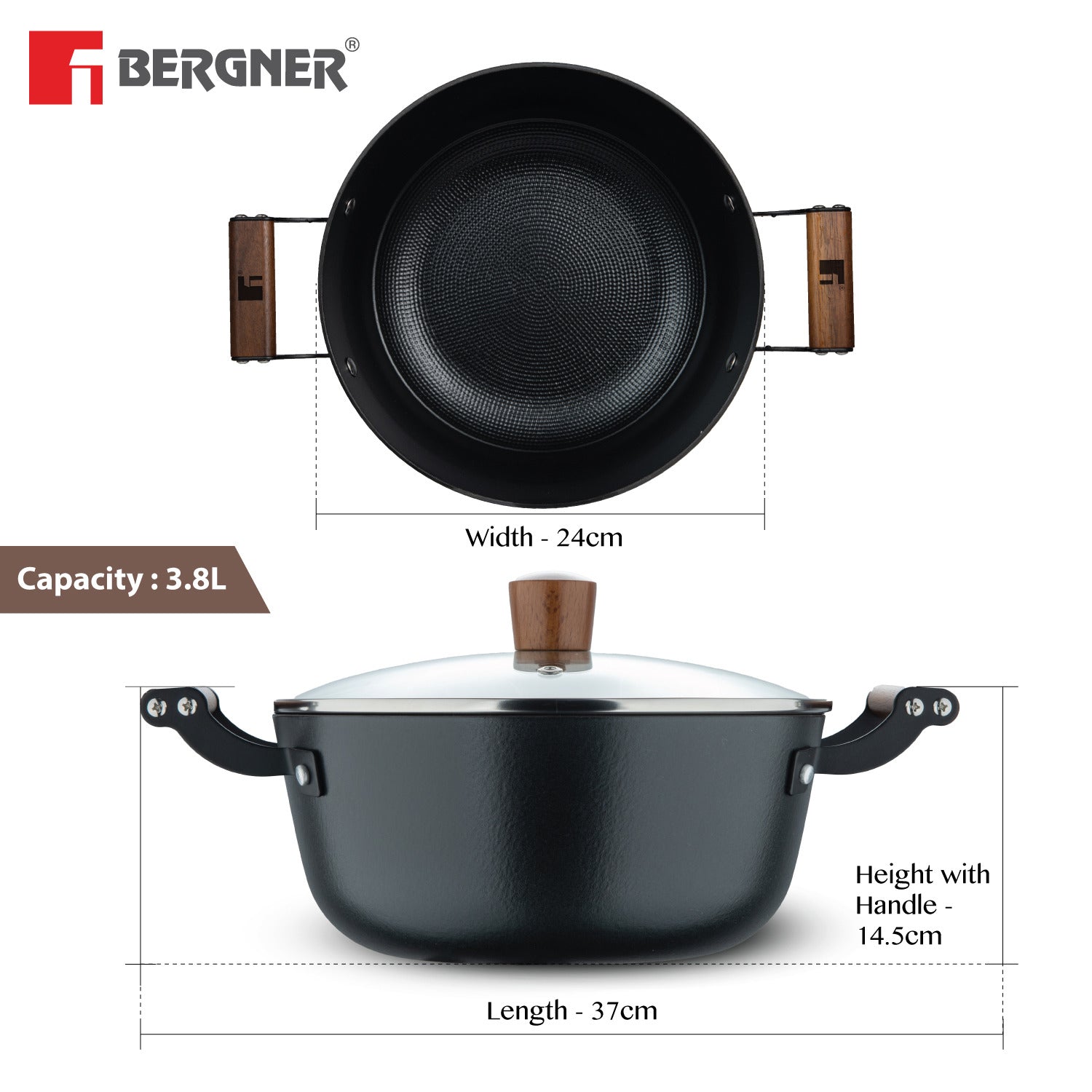 Bergner Odin Lightweight Iron Casserole with Glass Lid, Enamel Finish - Induction Bottom