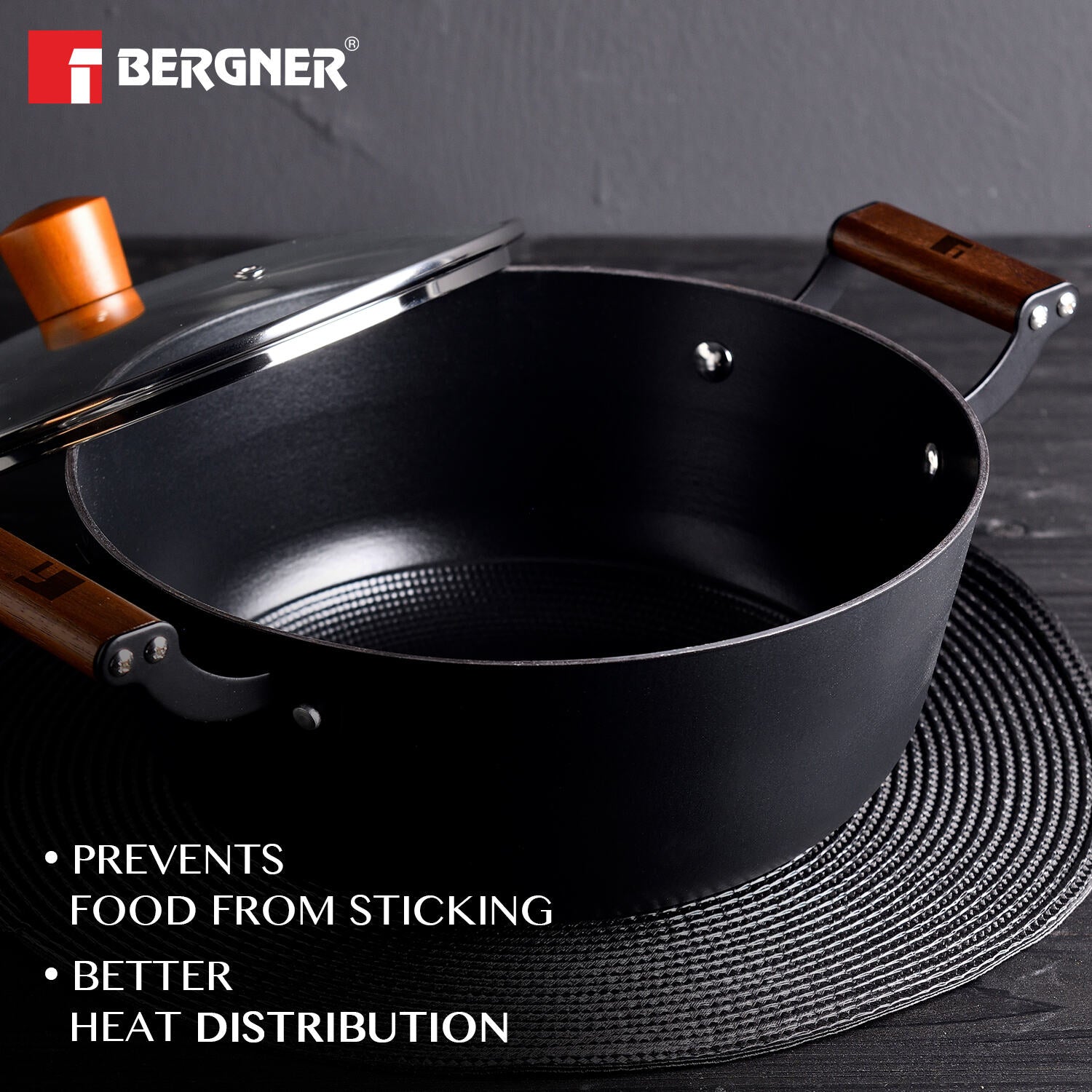 Bergner Odin Lightweight Iron Casserole with Glass Lid, Enamel Finish - Induction Bottom