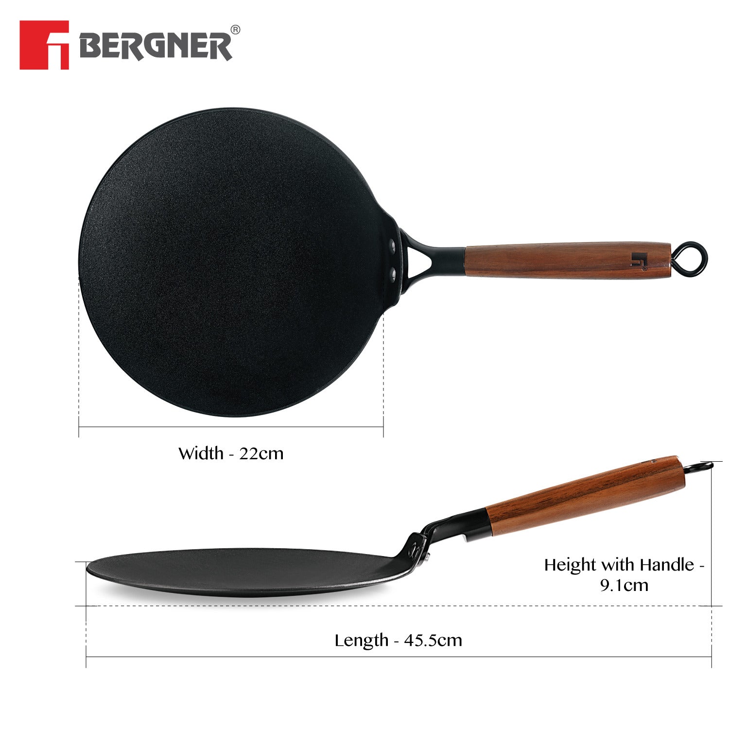 Bergner Odin Lightweight Iron 22cm Roti Tawa, Enamel Finish - Induction Bottom