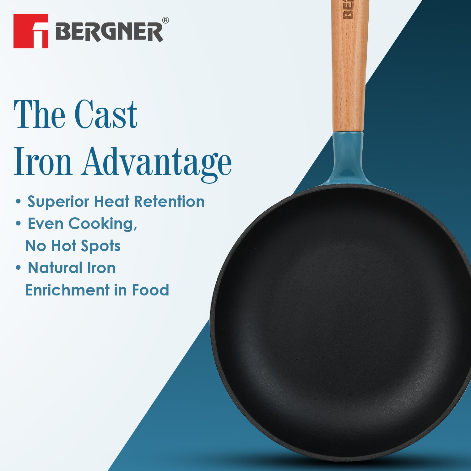 Excalibur Light Cast Iron Frypan with Lid 28cm - Induction Bottom, Blue