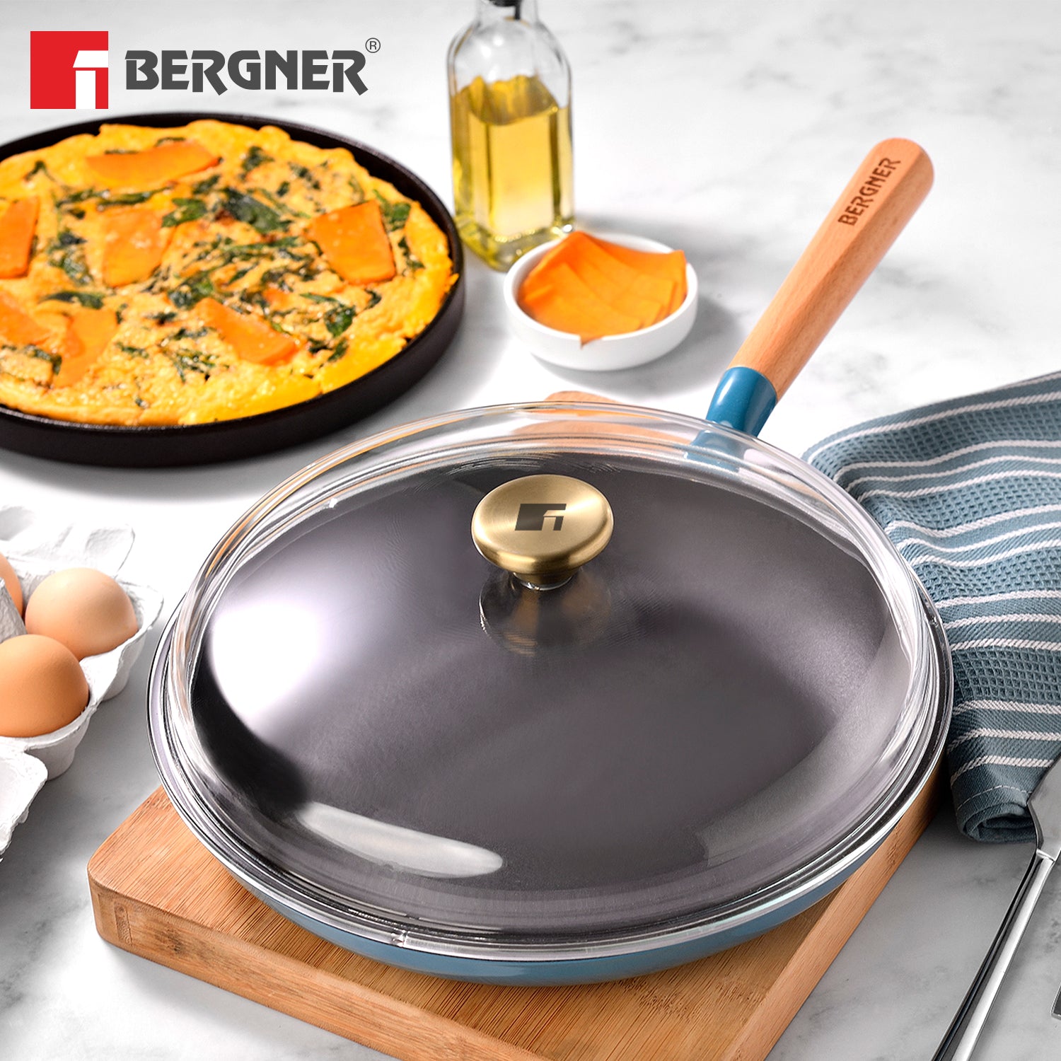 Excalibur Light Cast Iron Frypan with Lid 28cm - Induction Bottom, Blue