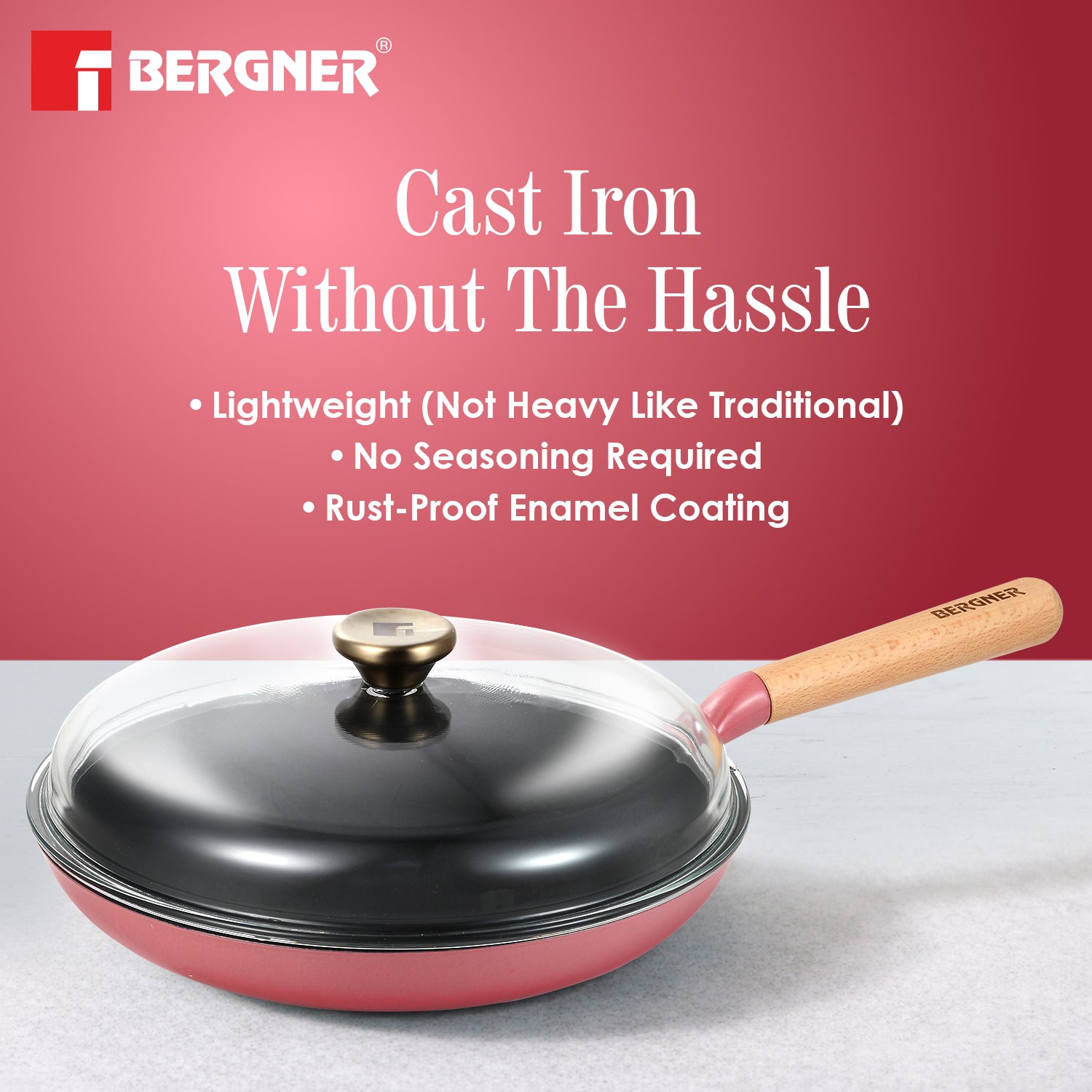 Excalibur Light Cast Iron Frypan with Lid 28cm - Induction Bottom, Pink