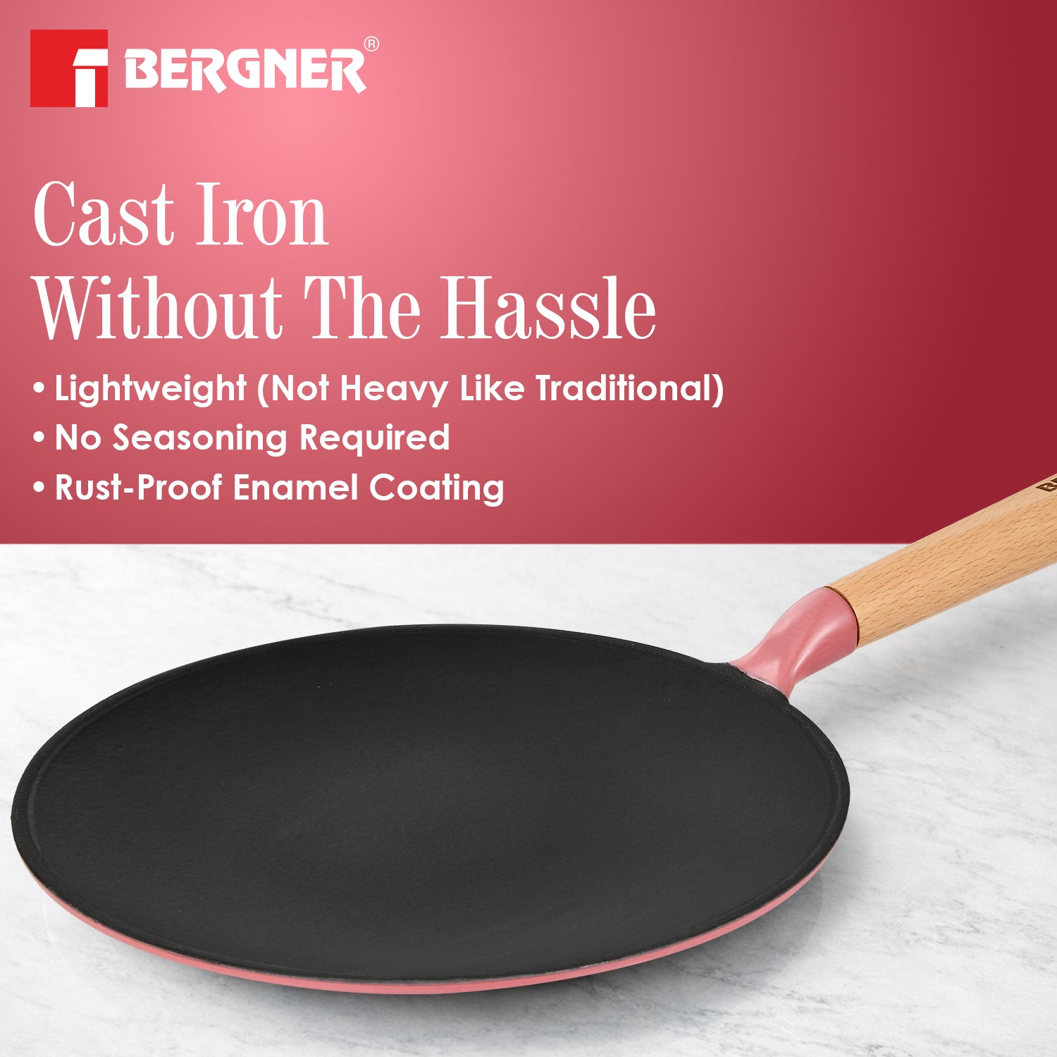 Excalibur Light Cast Iron Roti Tawa 26cm - Induction Bottom, Pink