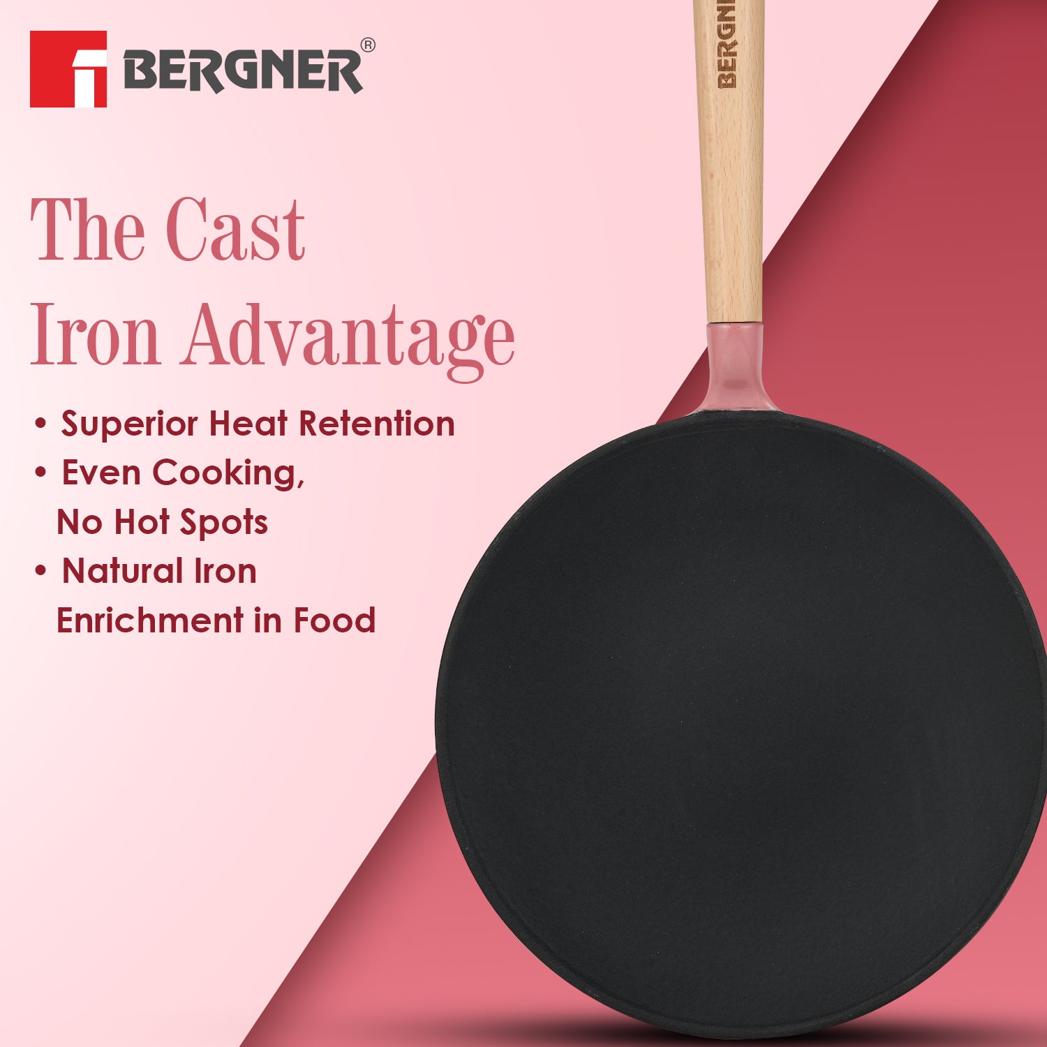 Excalibur Light Cast Iron Roti Tawa 26cm - Induction Bottom, Pink