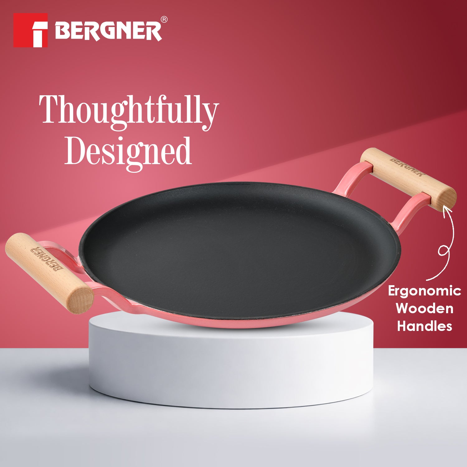 Excalibur Light Cast Iron Dosa Tawa 28cm with Double Sided Handle -  Pink