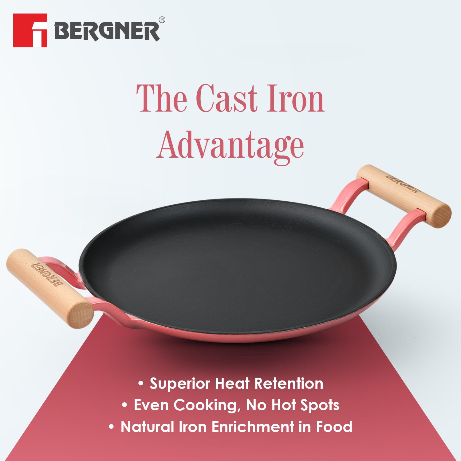 Excalibur Light Cast Iron Dosa Tawa 28cm with Double Sided Handle -  Pink