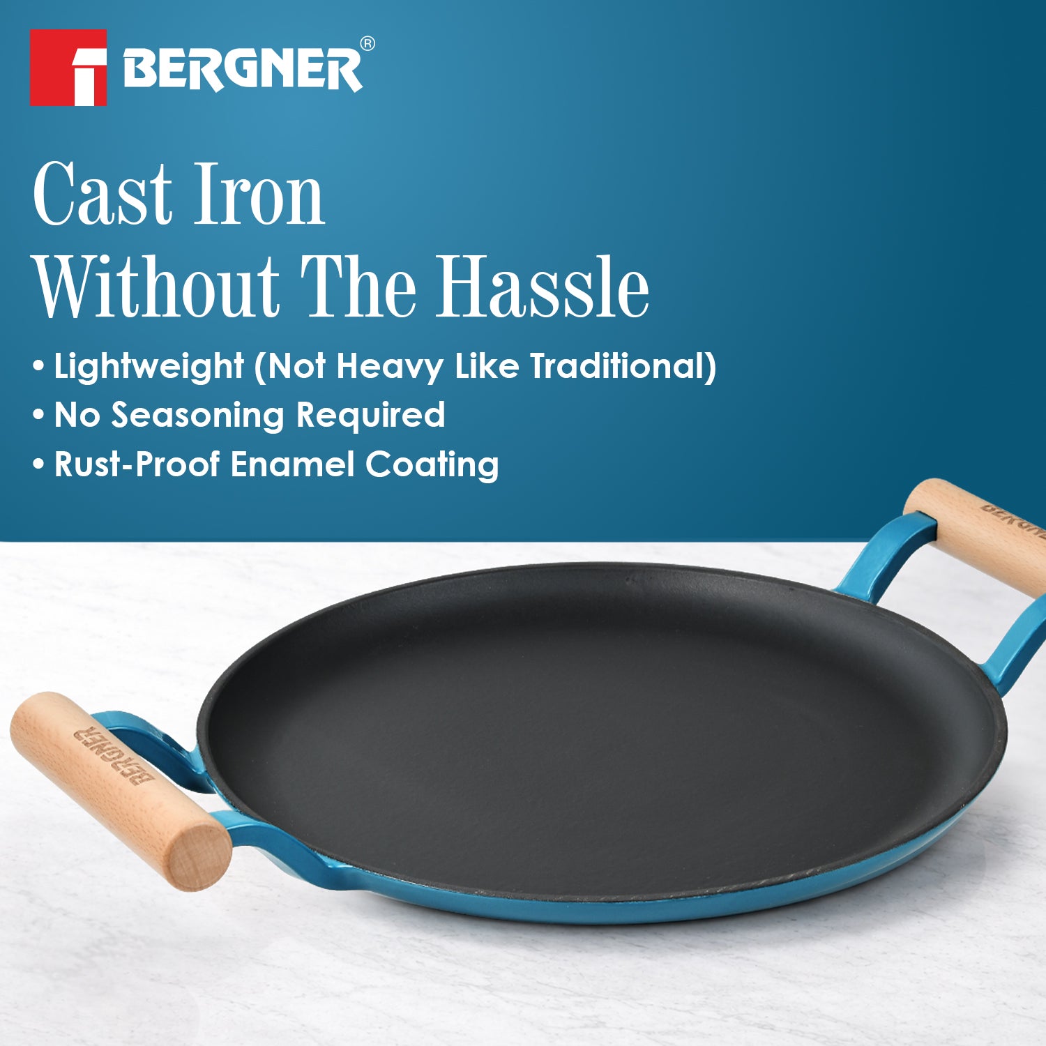 Excalibur Light Cast Iron Dosa Tawa 30cm with Double Sided Handle - Blue