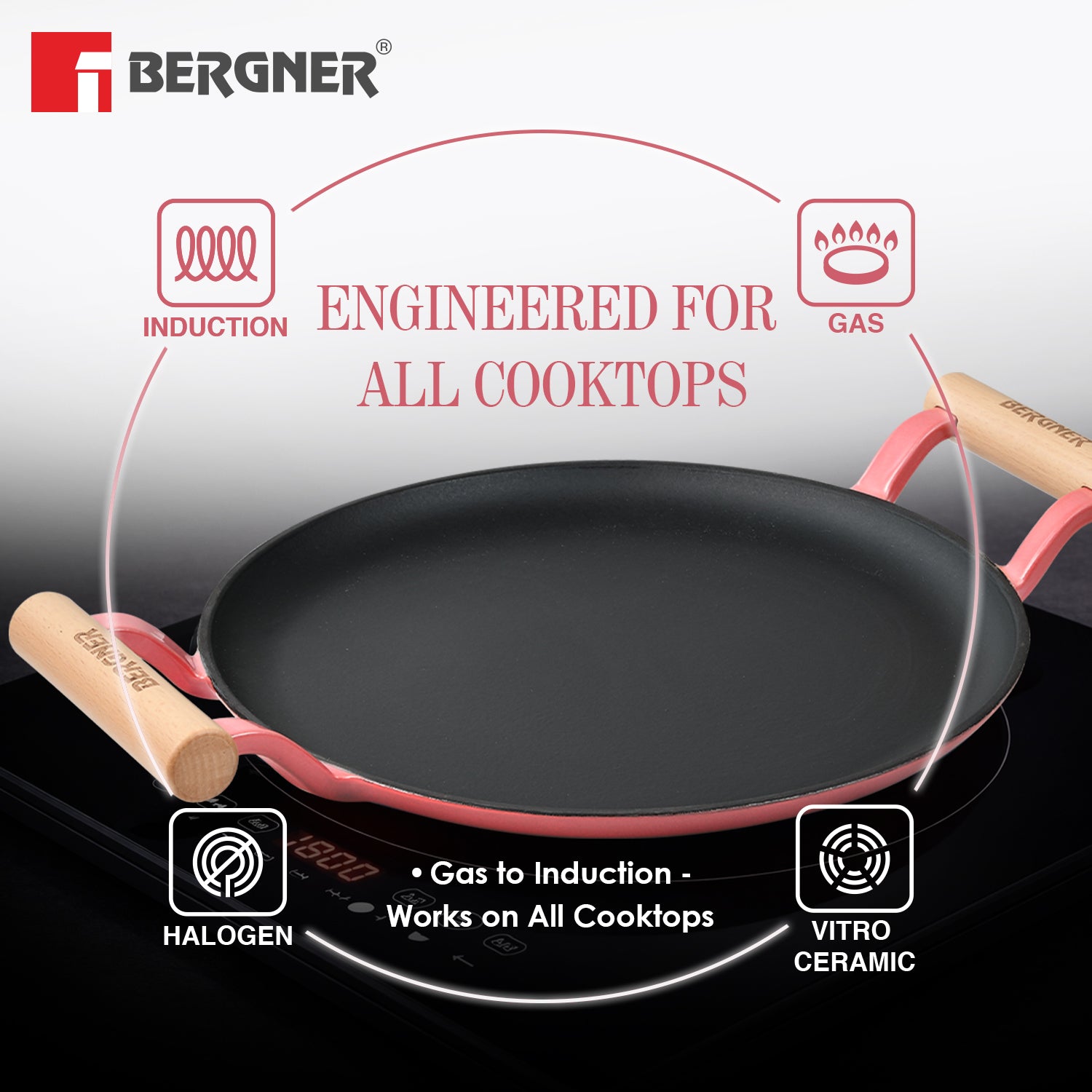 Excalibur Light Cast Iron Dosa Tawa 30cm with Double Sided Handle - Pink