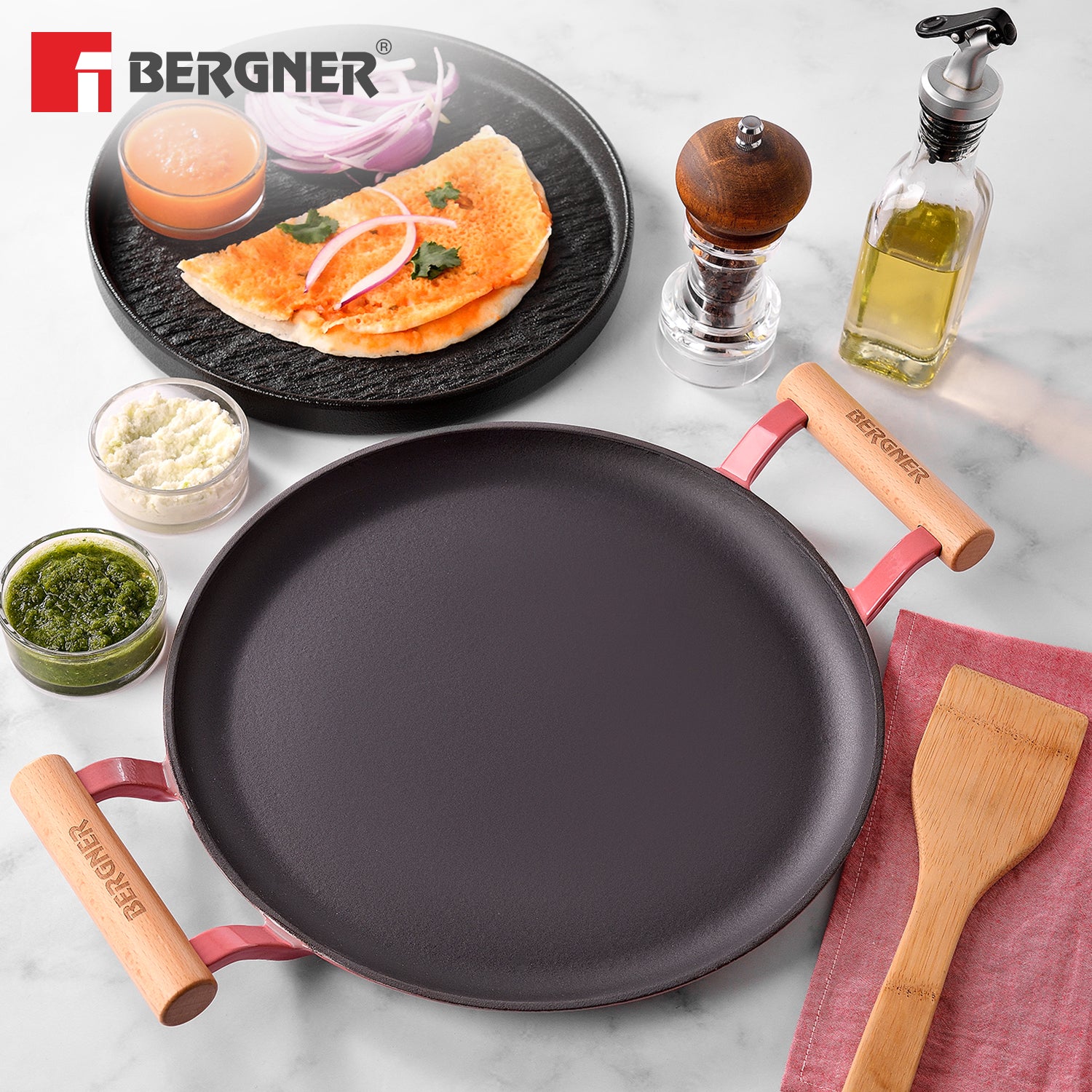 Excalibur Light Cast Iron Dosa Tawa 30cm with Double Sided Handle - Pink