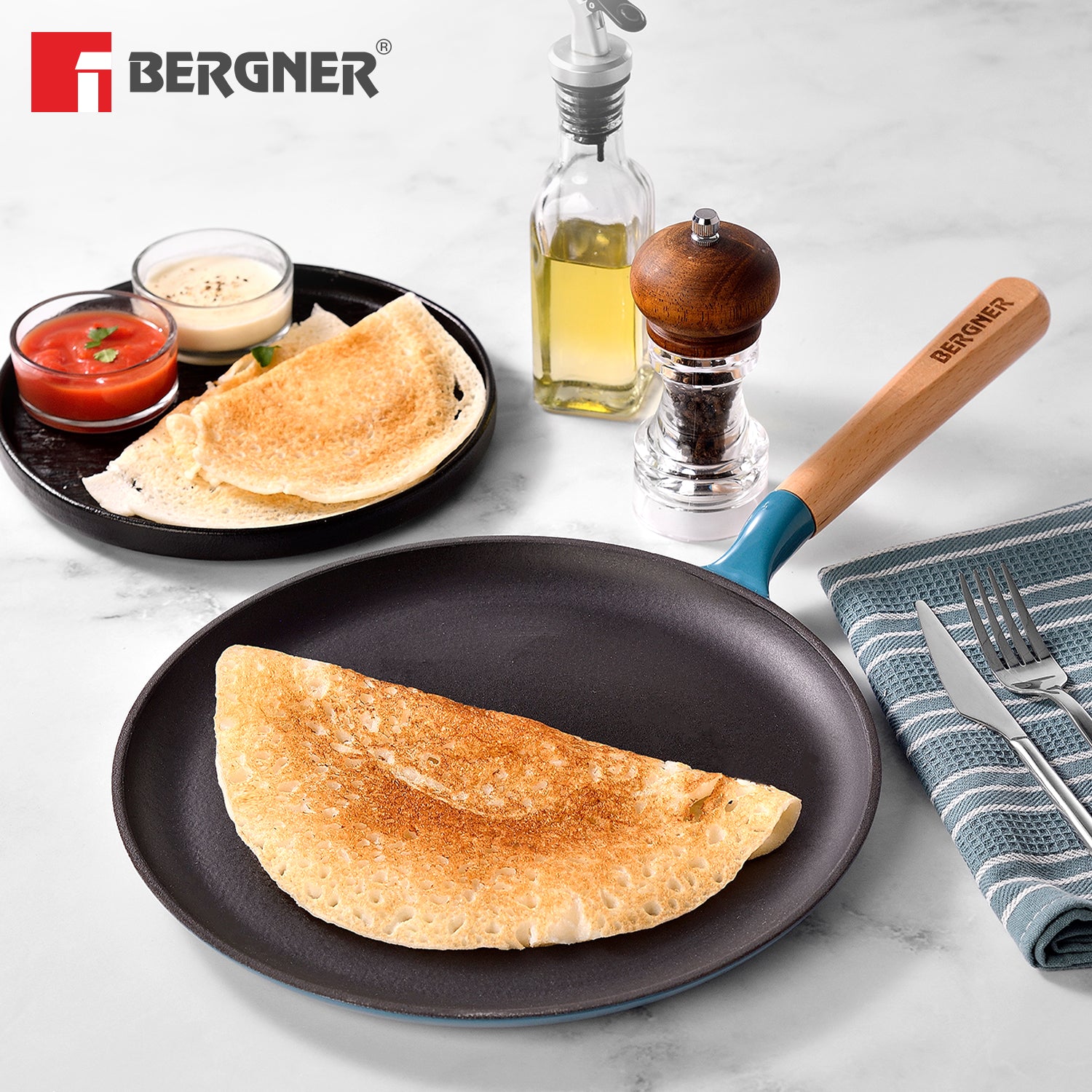 Excalibur Light Cast Iron Dosa Tawa 28cm - Induction Bottom, Blue