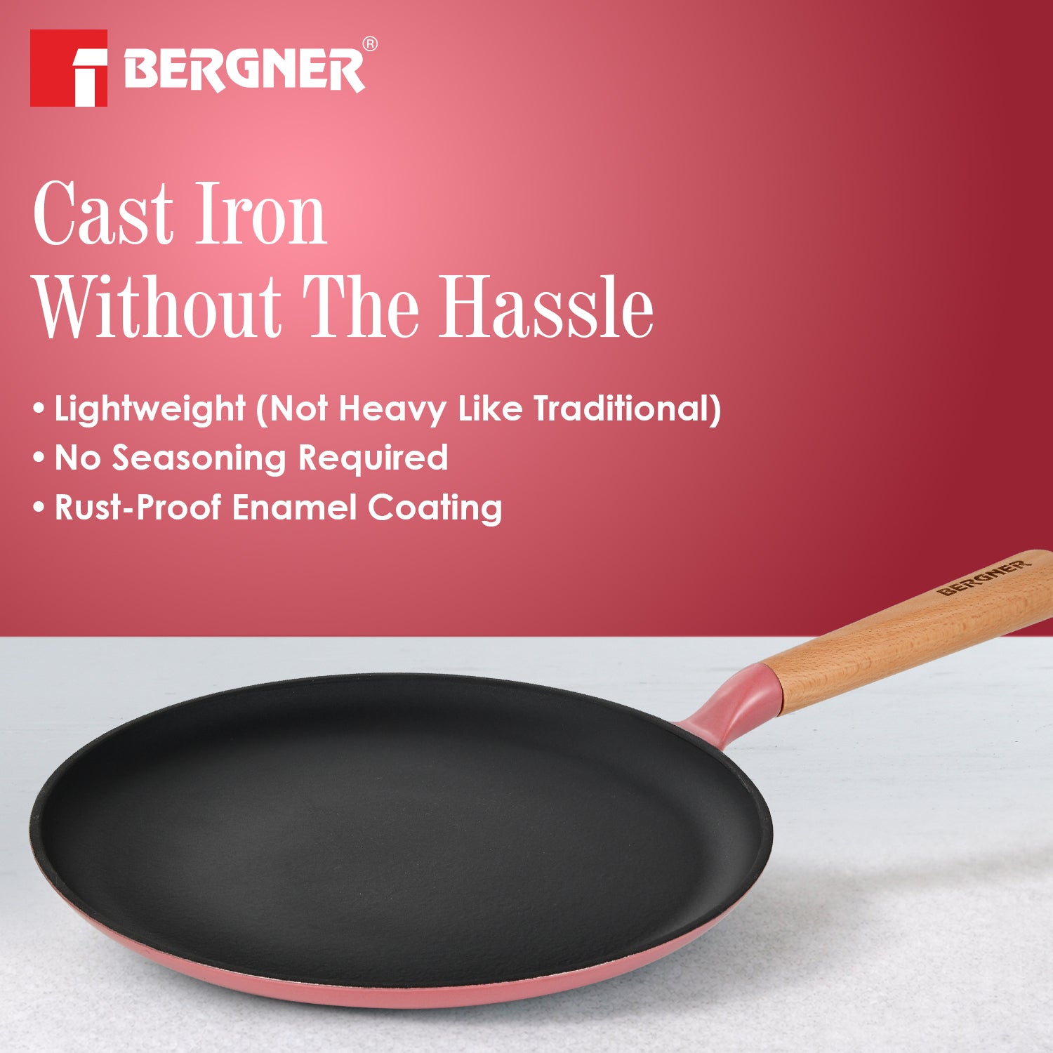 Excalibur Light Cast Iron Dosa Tawa 28cm - Induction Bottom, Pink