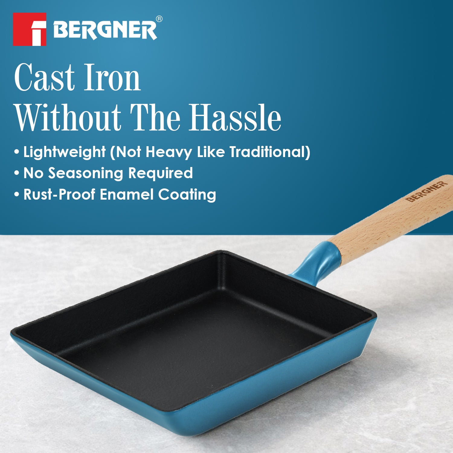 Excalibur Light Cast Iron 23x18cm Square Pan - Induction Bottom, Blue