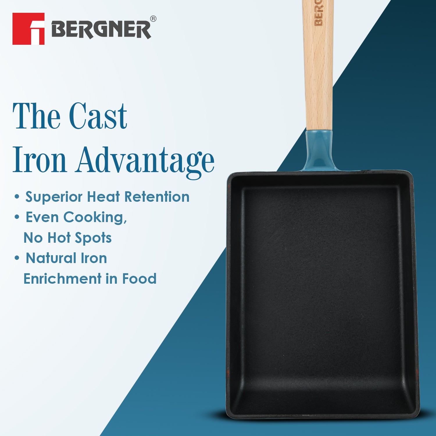 Excalibur Light Cast Iron 23x18cm Square Pan - Induction Bottom, Blue