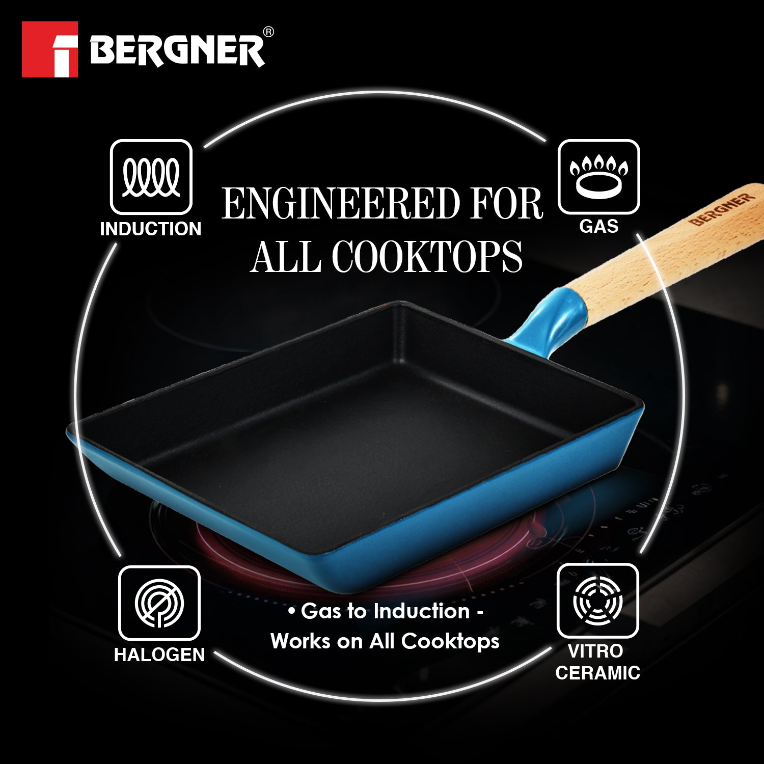 Excalibur Light Cast Iron 23x18cm Square Pan - Induction Bottom, Blue