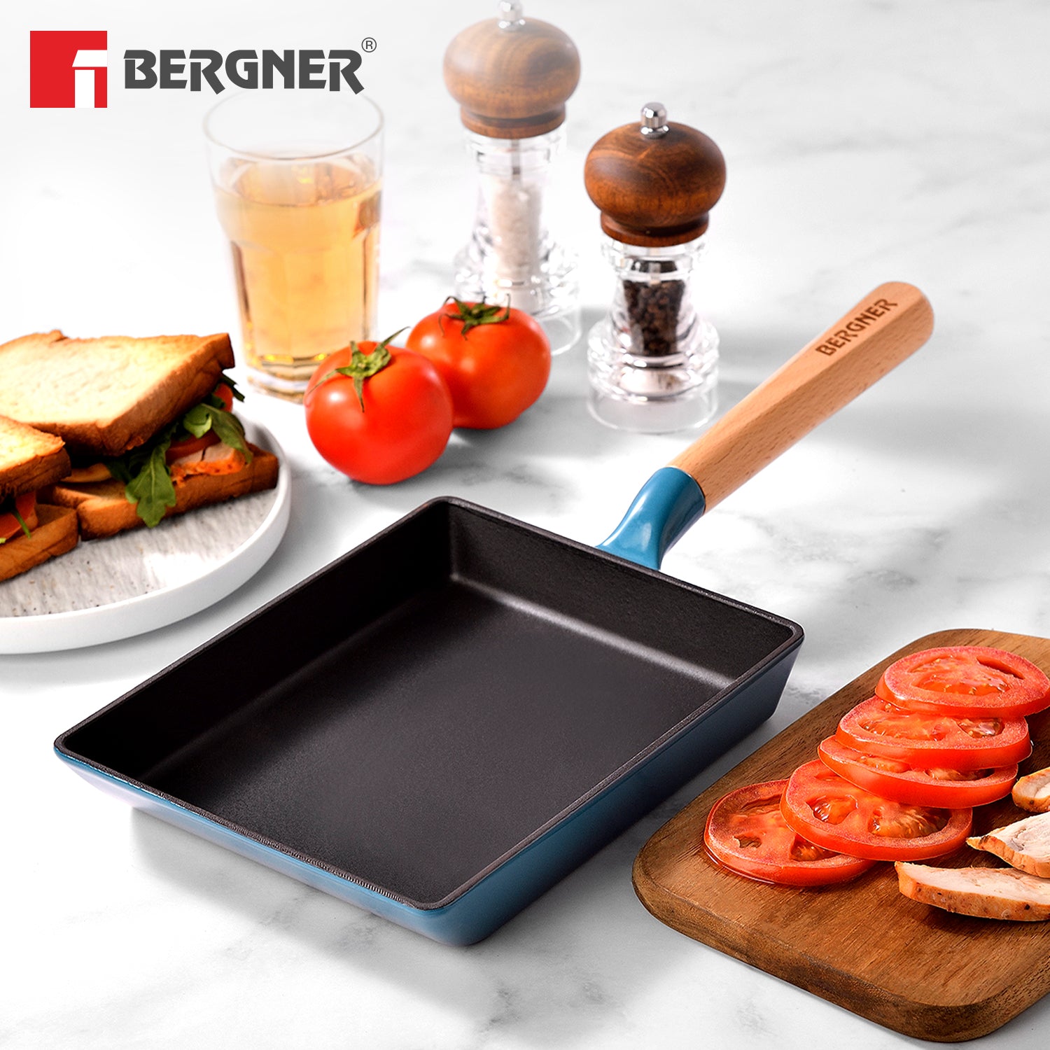 Excalibur Light Cast Iron 23x18cm Square Pan - Induction Bottom, Blue
