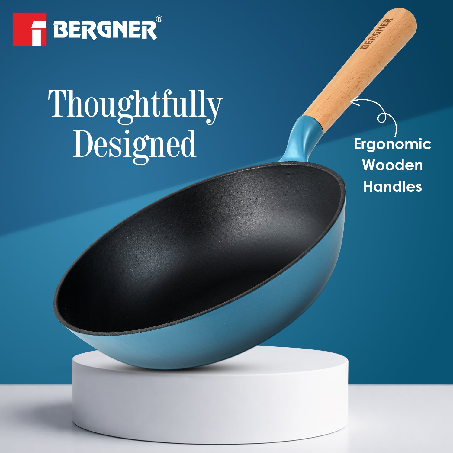 Excalibur Light Cast Iron 24cm (2L) Wok - Induction Bottom, Blue