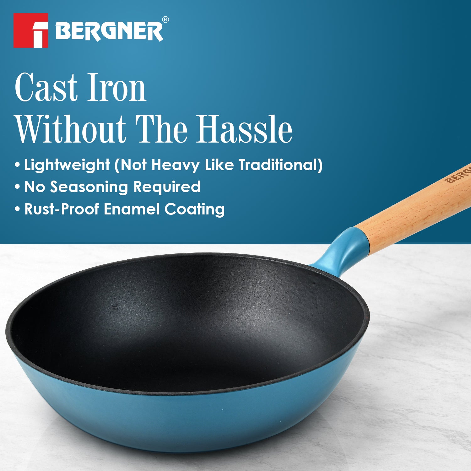 Excalibur Light Cast Iron 24cm (2L) Wok - Induction Bottom, Blue